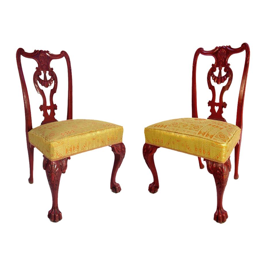 Pair of Chippendale Style Chairs in Red Lacquered Wood, circa 1880