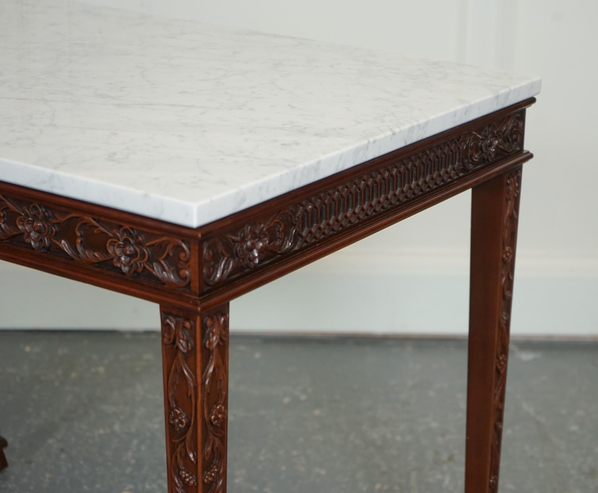 Chippendale PAiR OF CHIPPENDALE STYLE CONSOLE TABLES WITH NEW WHITE CARRARA MARBLE TOPS For Sale