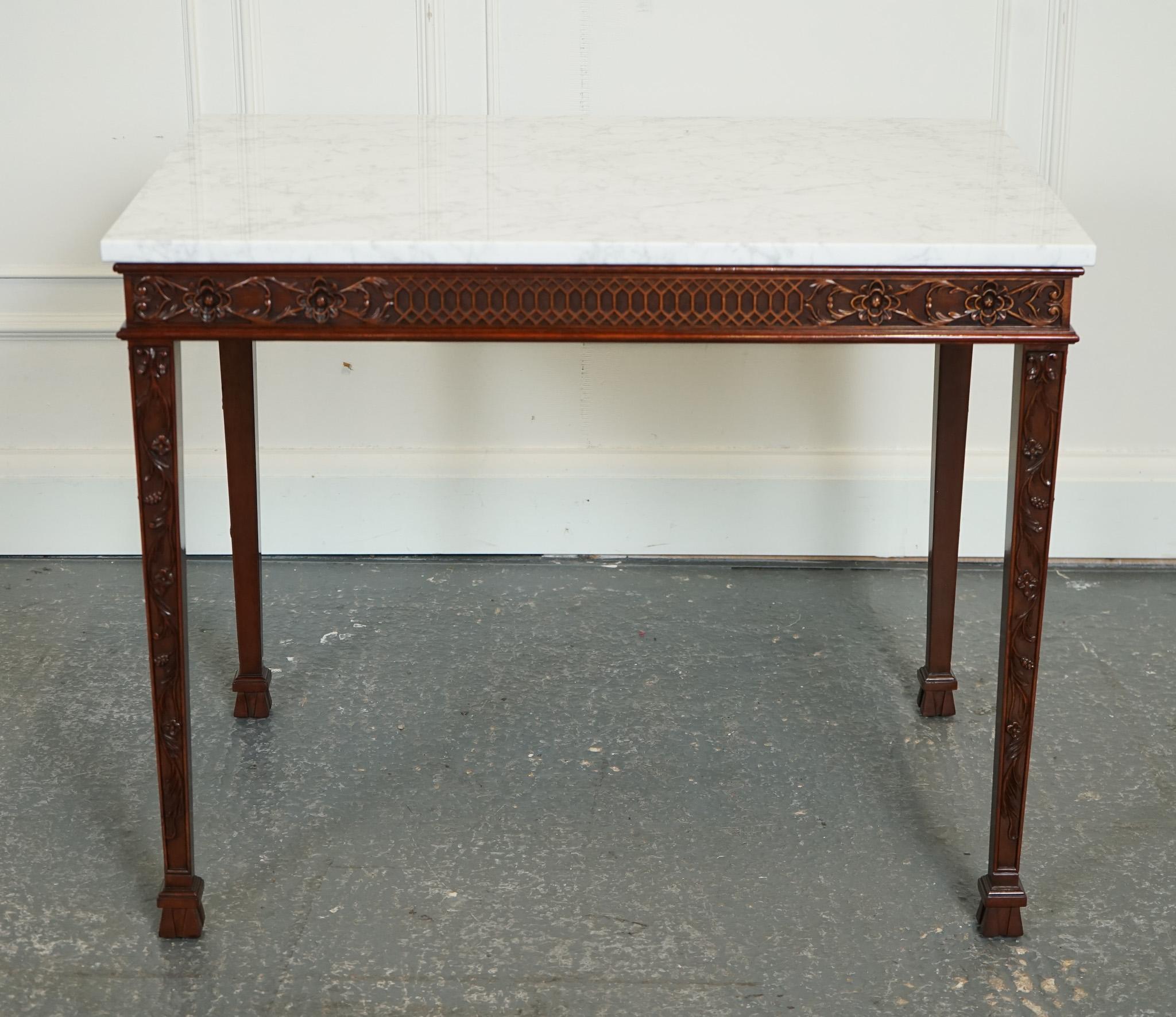 British PAiR OF CHIPPENDALE STYLE CONSOLE TABLES WITH NEW WHITE CARRARA MARBLE TOPS For Sale