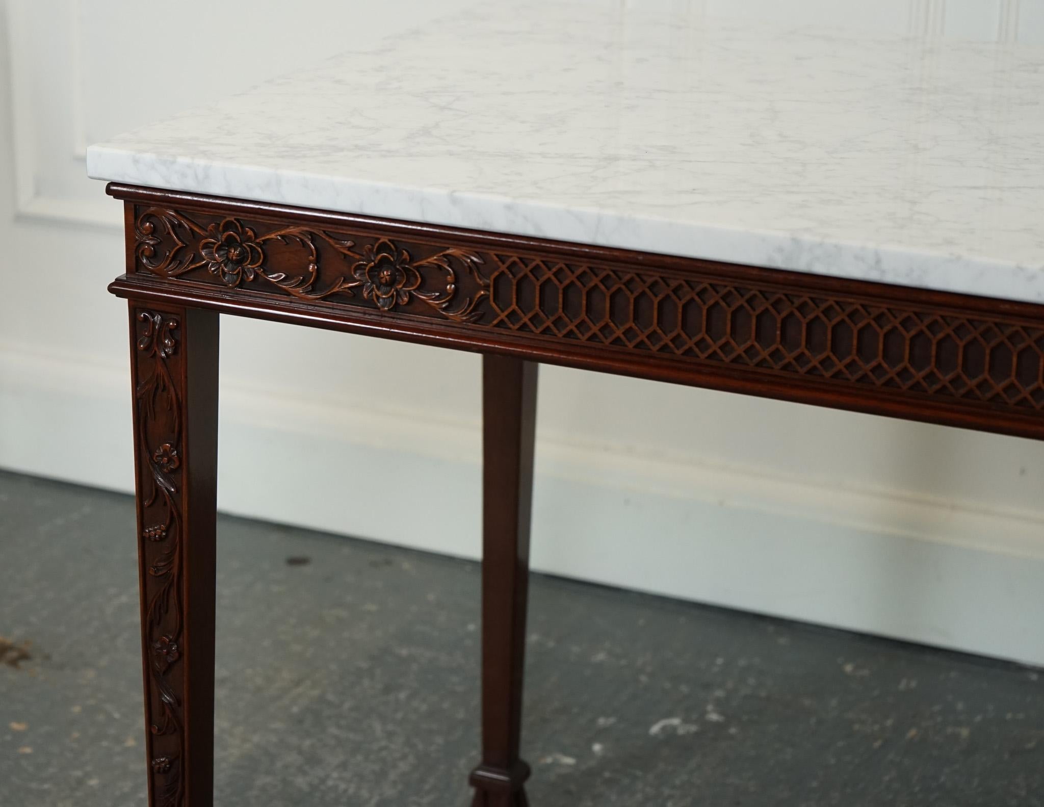 Hand-Crafted PAiR OF CHIPPENDALE STYLE CONSOLE TABLES WITH NEW WHITE CARRARA MARBLE TOPS For Sale