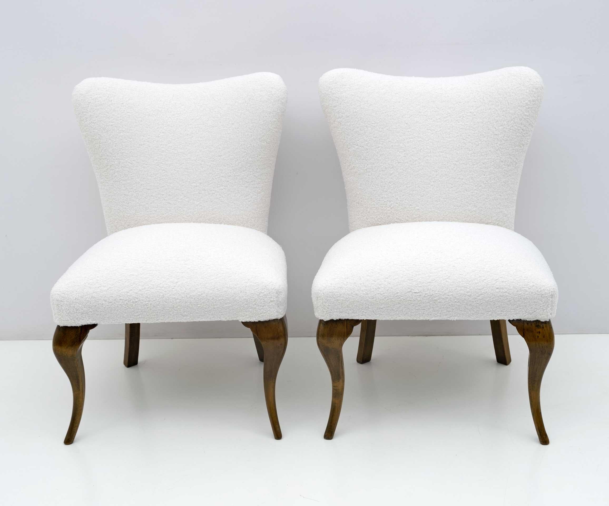 Mid-20th Century Pair of Chippendale Style Italian Boucle Small Armchairs, 1940s For Sale