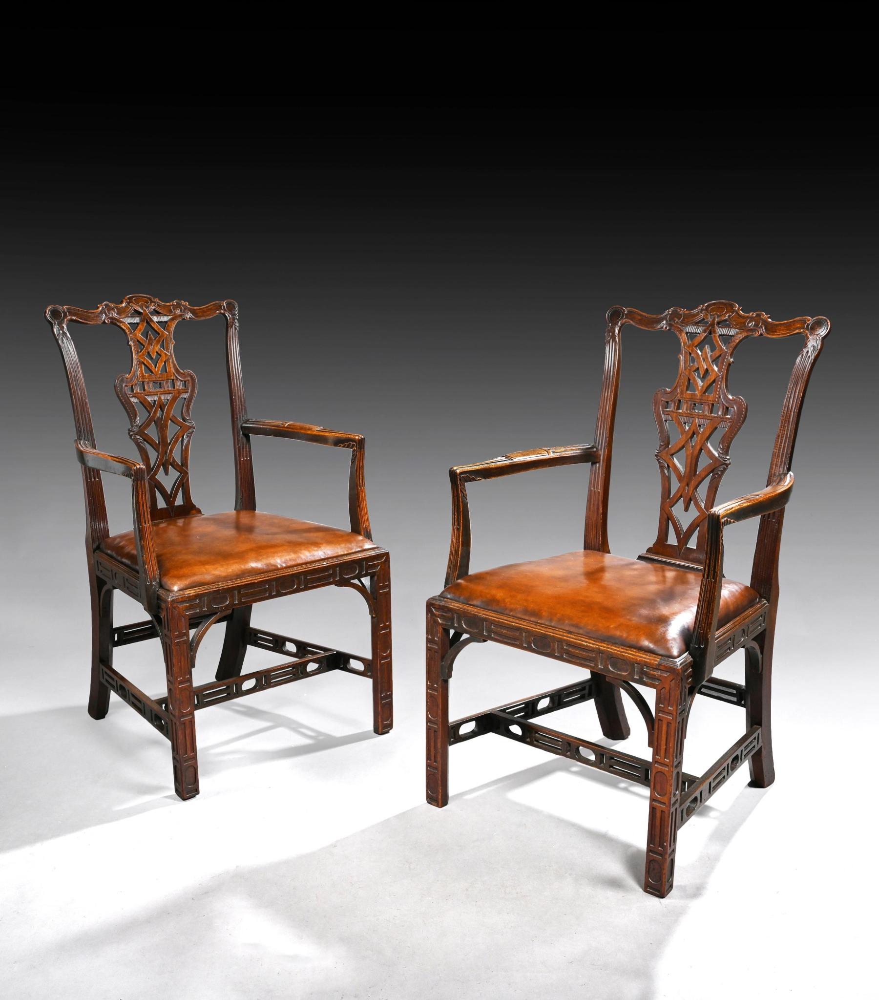 Pair of Chippendale Style Mahogany and Leather Armchairs 5