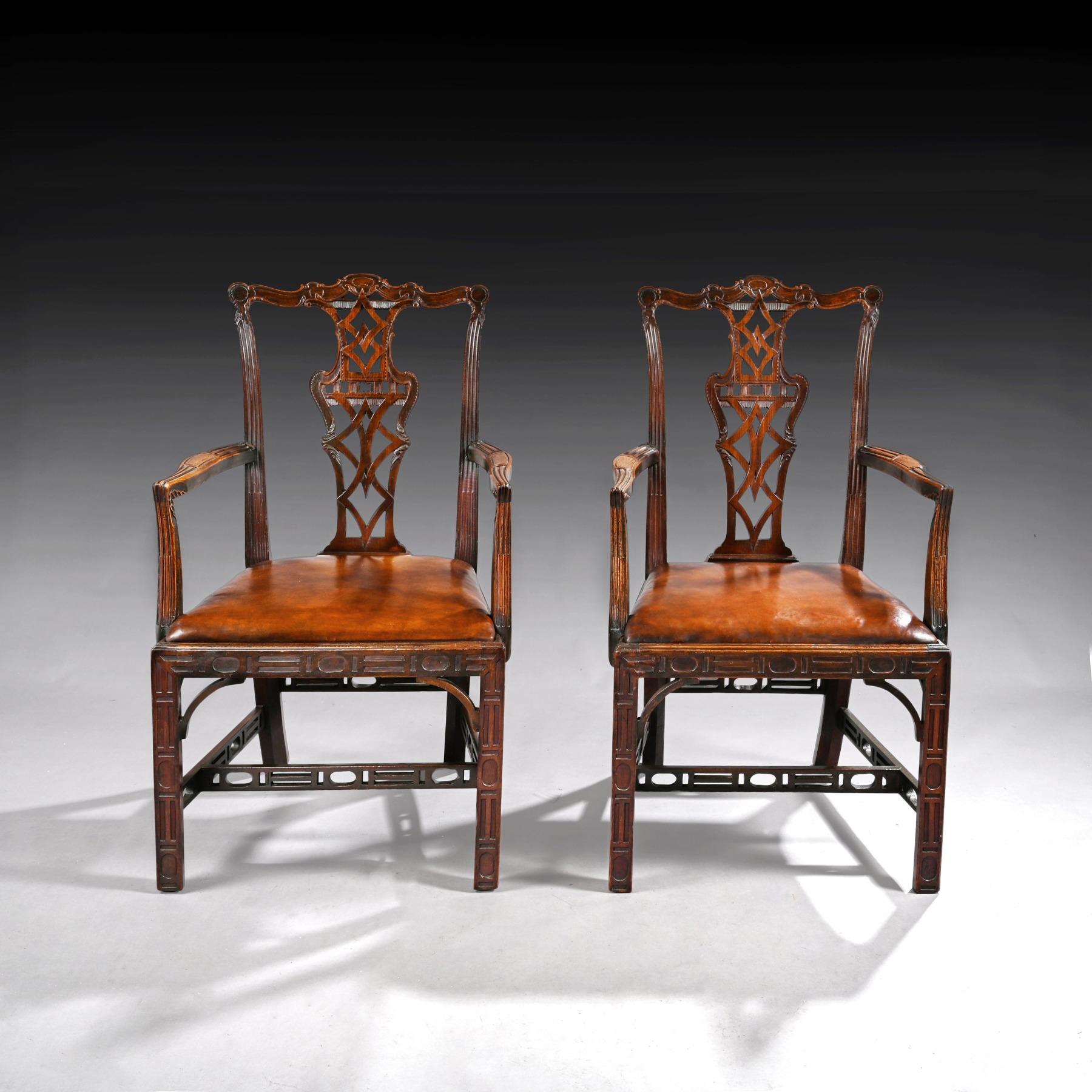 English Pair of Chippendale Style Mahogany and Leather Armchairs