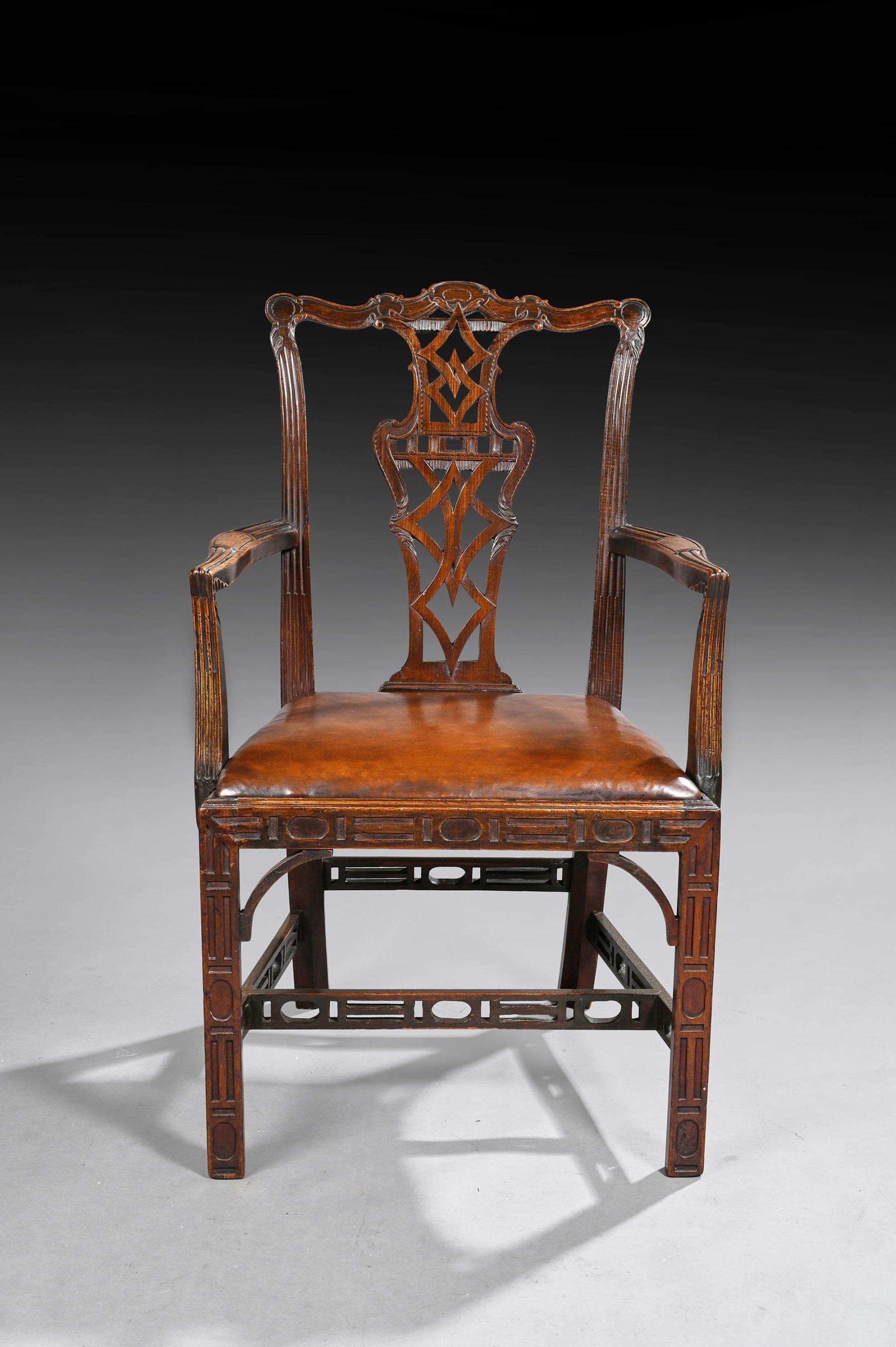 Pair of Chippendale Style Mahogany and Leather Armchairs 1