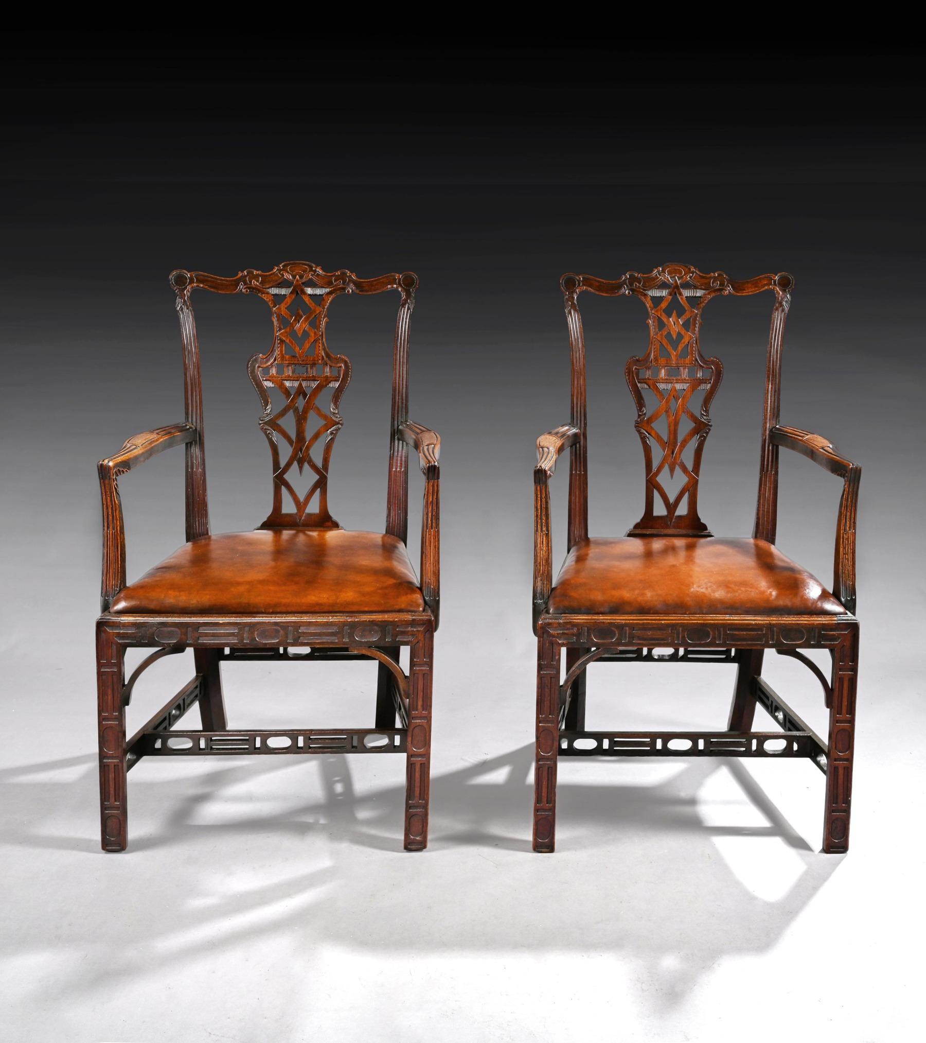 Pair of Chippendale Style Mahogany and Leather Armchairs 3