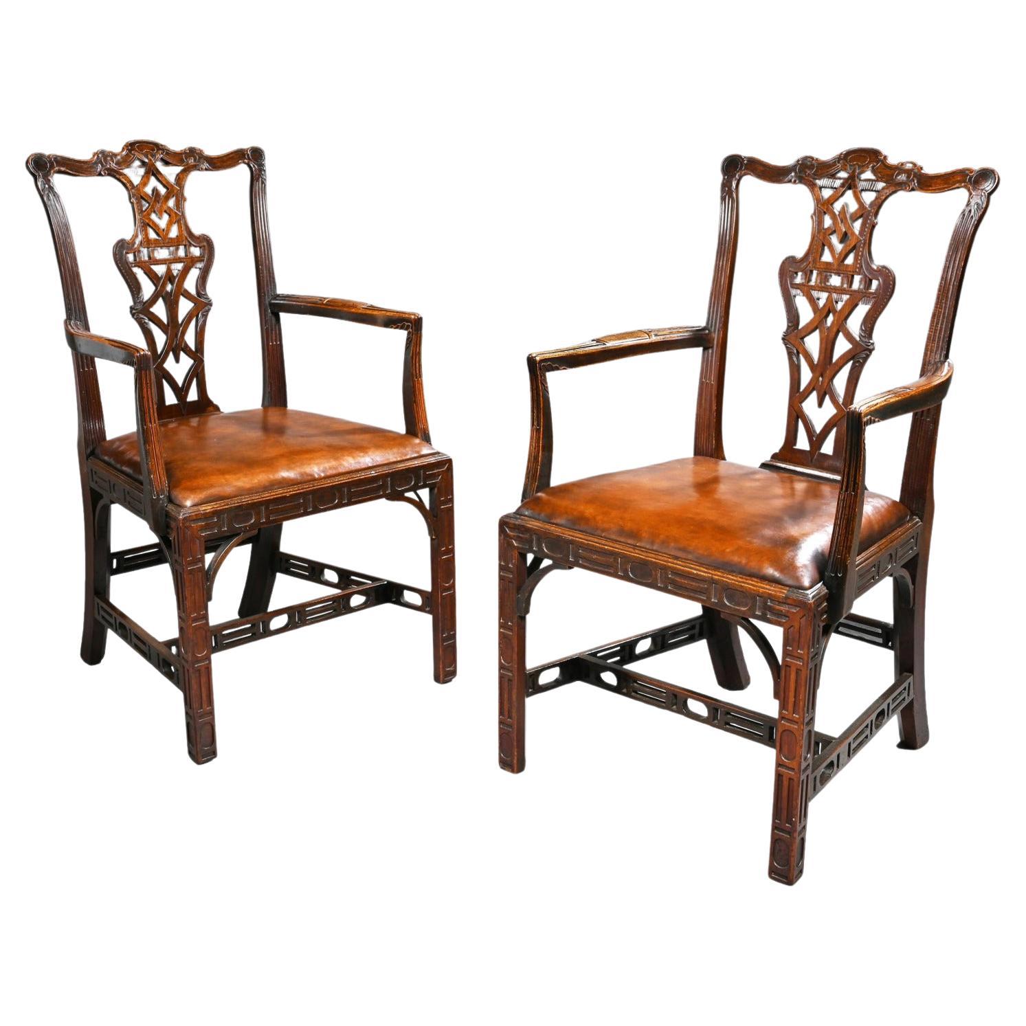 Pair of Chippendale Style Mahogany and Leather Armchairs