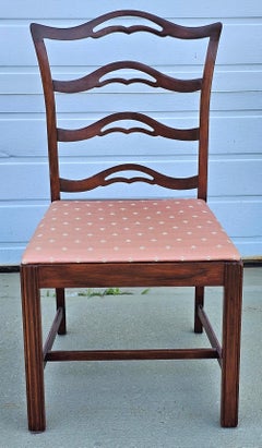 Pair of Chippendale Style Pierced Ladder Back Mahogany and Pink Upholstered