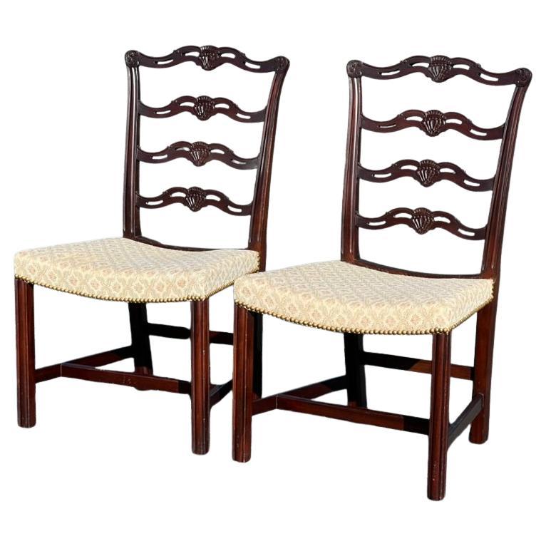 Pair of Chippendale Style Ribbon Back Chairs with Curved Seats For Sale