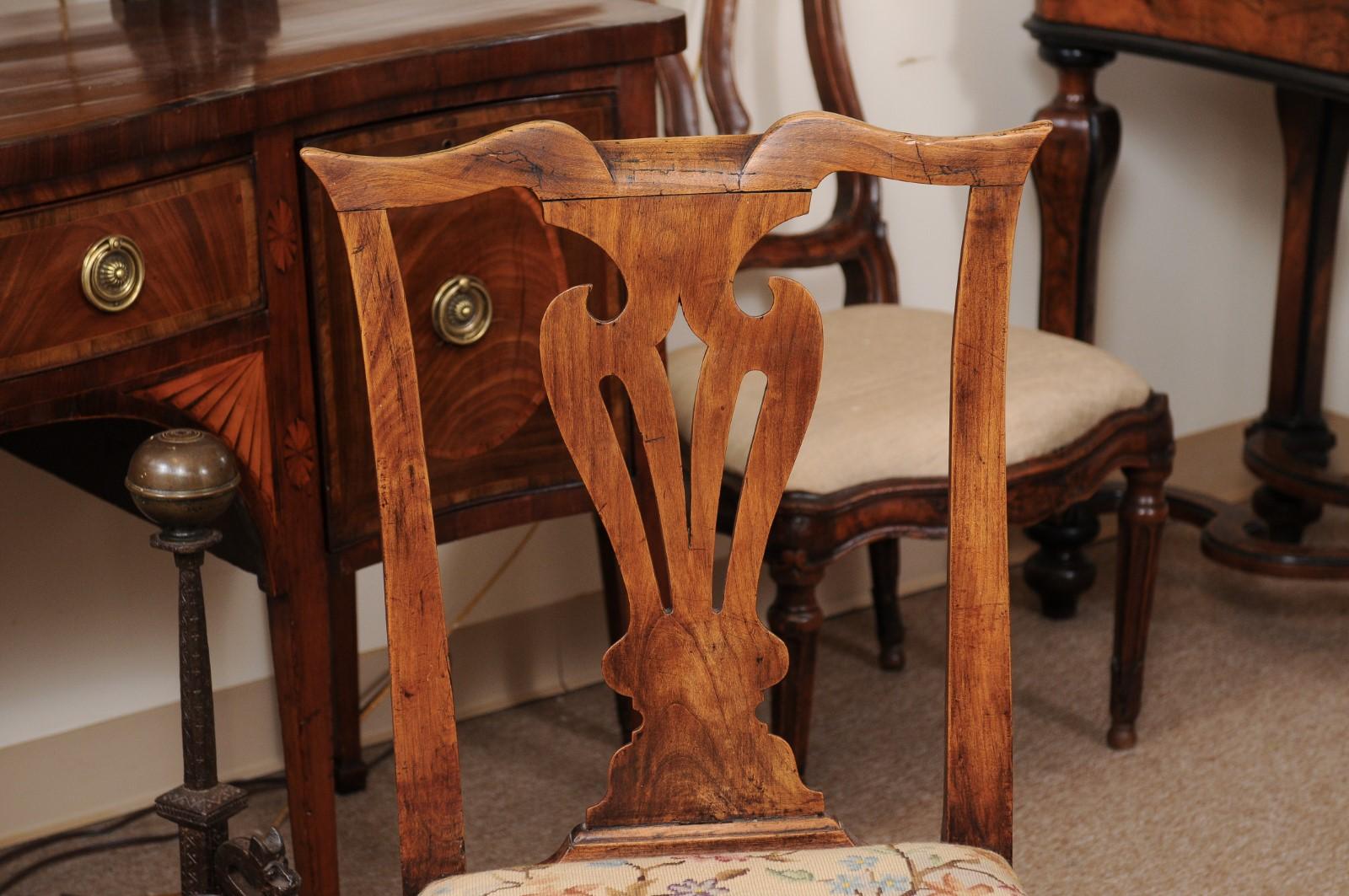 Pair of Chippendale Style Side Chairs in Elm with Needlepoint Slip Seats, 19th C For Sale 5