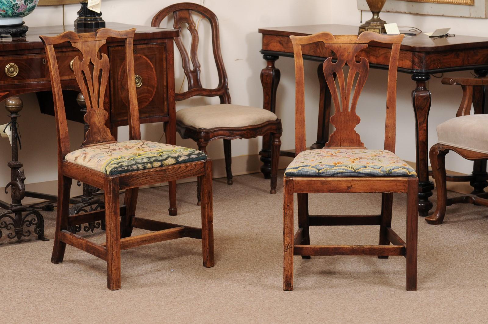 Pair of Chippendale Style Side Chairs in Elm with Needlepoint Slip Seats, 19th Century England