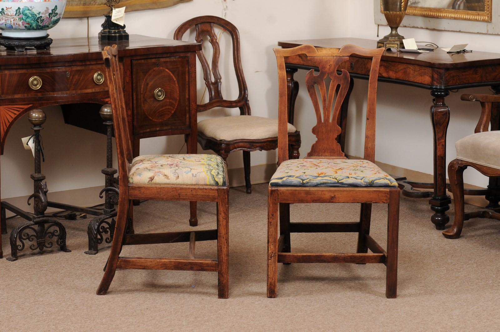 Pair of Chippendale Style Side Chairs in Elm with Needlepoint Slip Seats, 19th C In Good Condition For Sale In Atlanta, GA