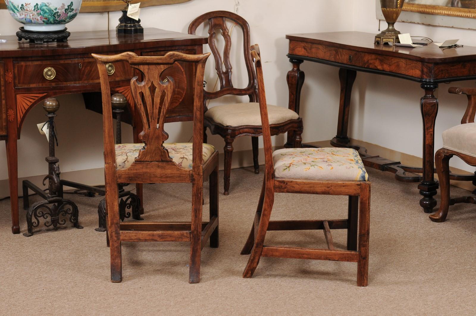 Pair of Chippendale Style Side Chairs in Elm with Needlepoint Slip Seats, 19th C For Sale 2