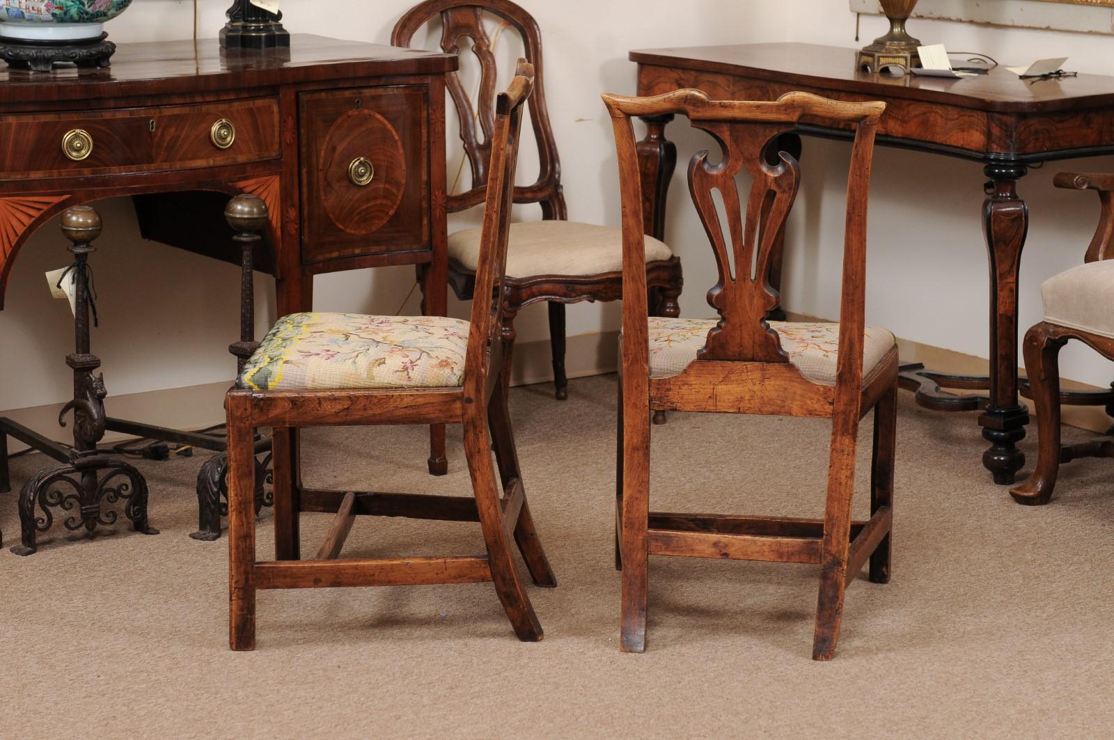 Pair of Chippendale Style Side Chairs in Elm with Needlepoint Slip Seats, 19th C For Sale 3