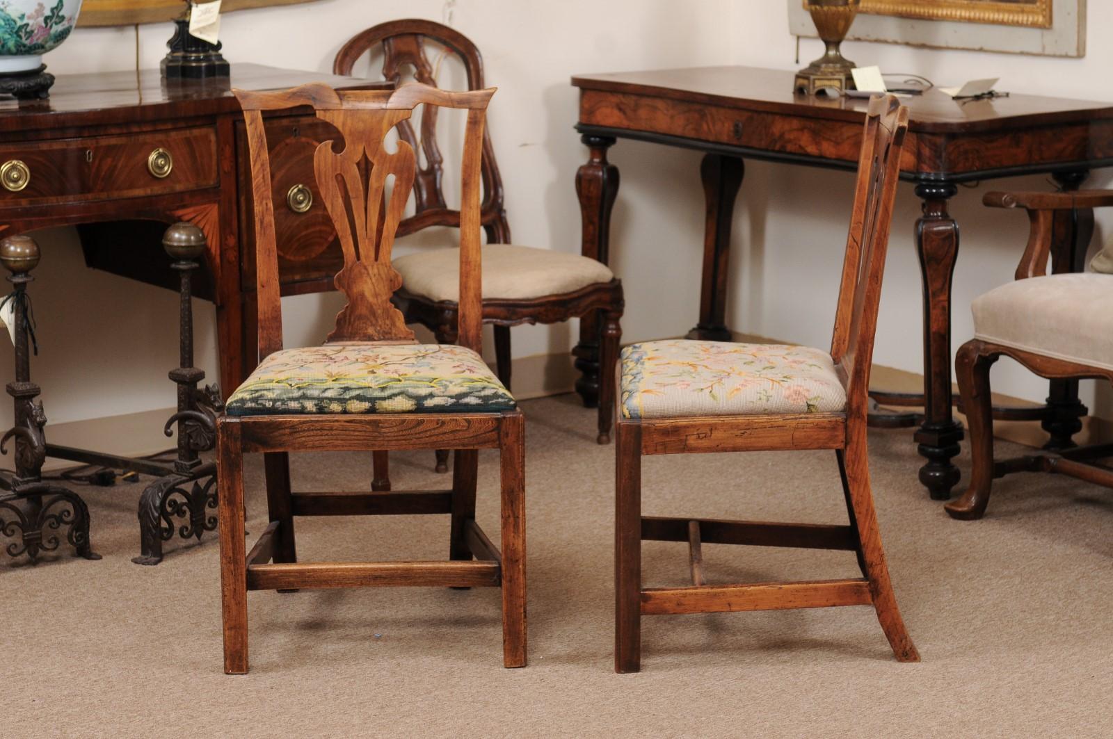 Pair of Chippendale Style Side Chairs in Elm with Needlepoint Slip Seats, 19th C For Sale 4