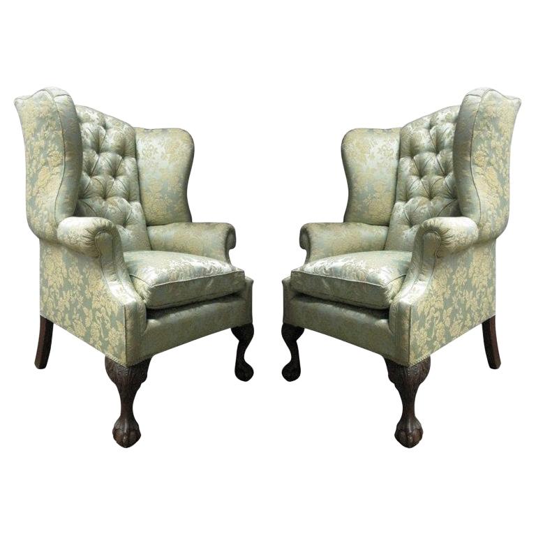 Pair of Chippendale Style Tufted Wingback Chairs