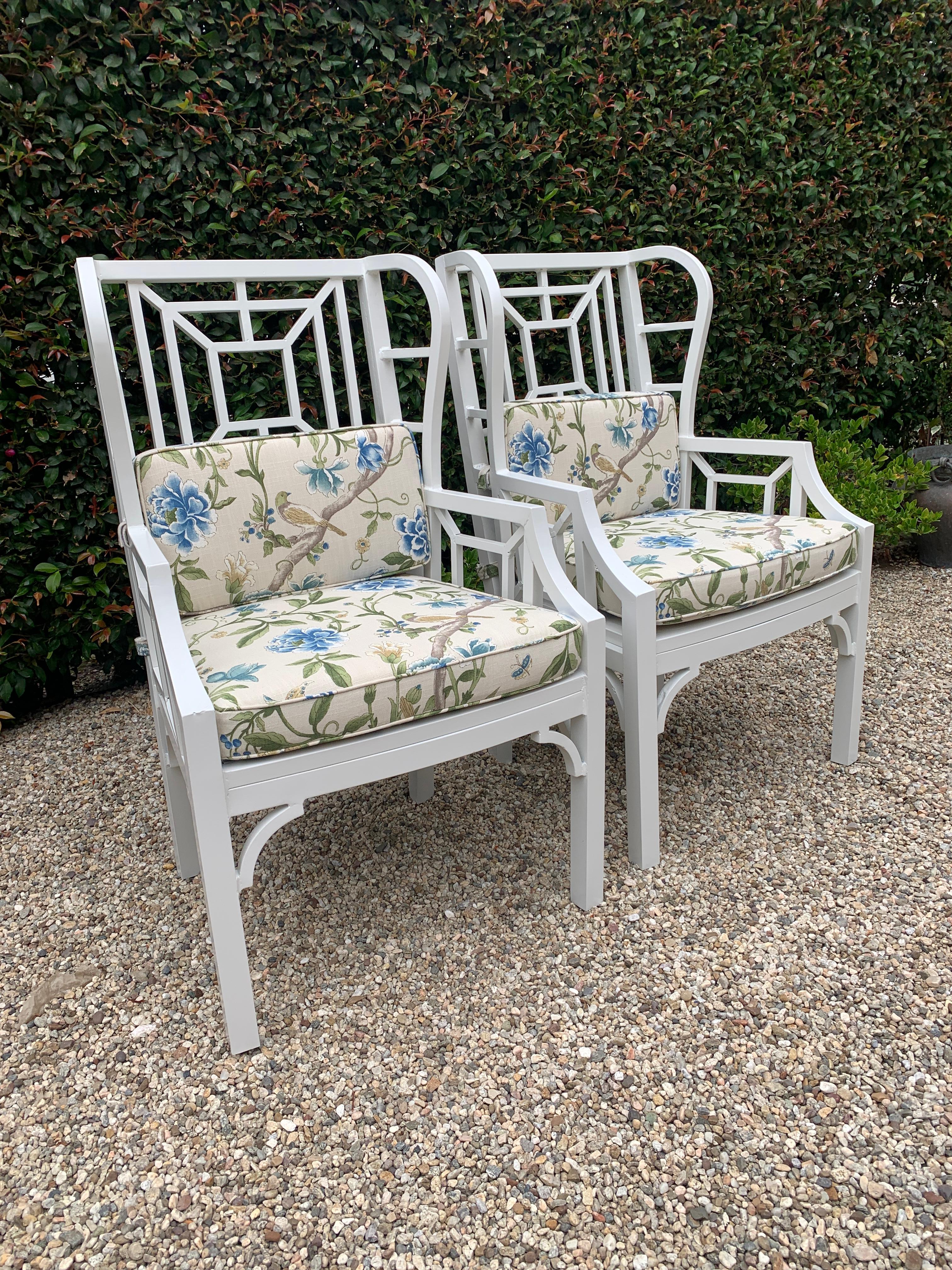 A wonderful pair of newly finished / powder coated aluminum Chippendale style chairs with custom cushions. A fantastic addition to the outdoor room, lanai or very suitable for inside the home, in a den, guest room or even the bedroom. The cushions