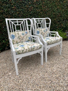 Pair of Chippendale Style Wingback Chairs in Aluminum with Custom Cushions