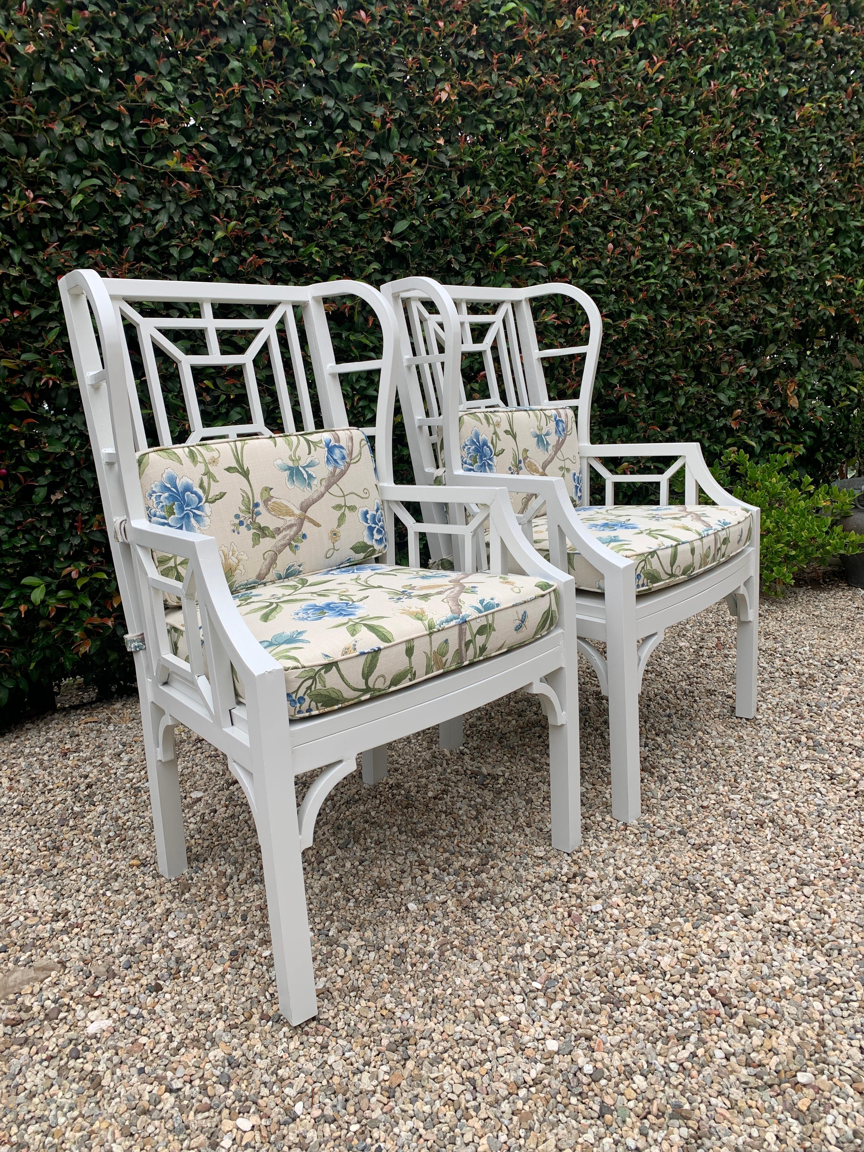 Chinese Chippendale Pair of Chippendale Style Wingback Chairs in Aluminum with Custom Cushions