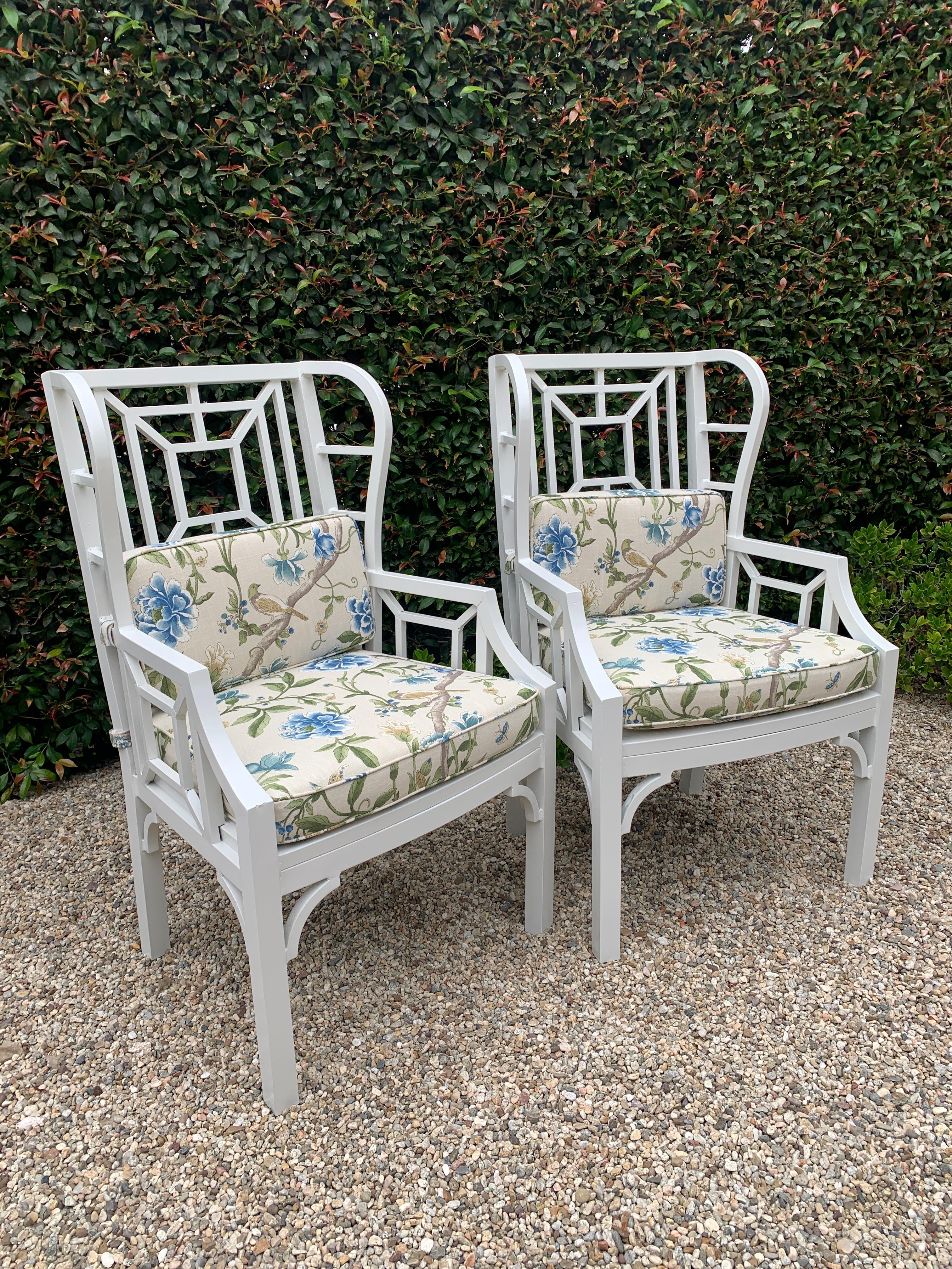 Powder-Coated Pair of Chippendale Style Wingback Chairs in Aluminum with Custom Cushions