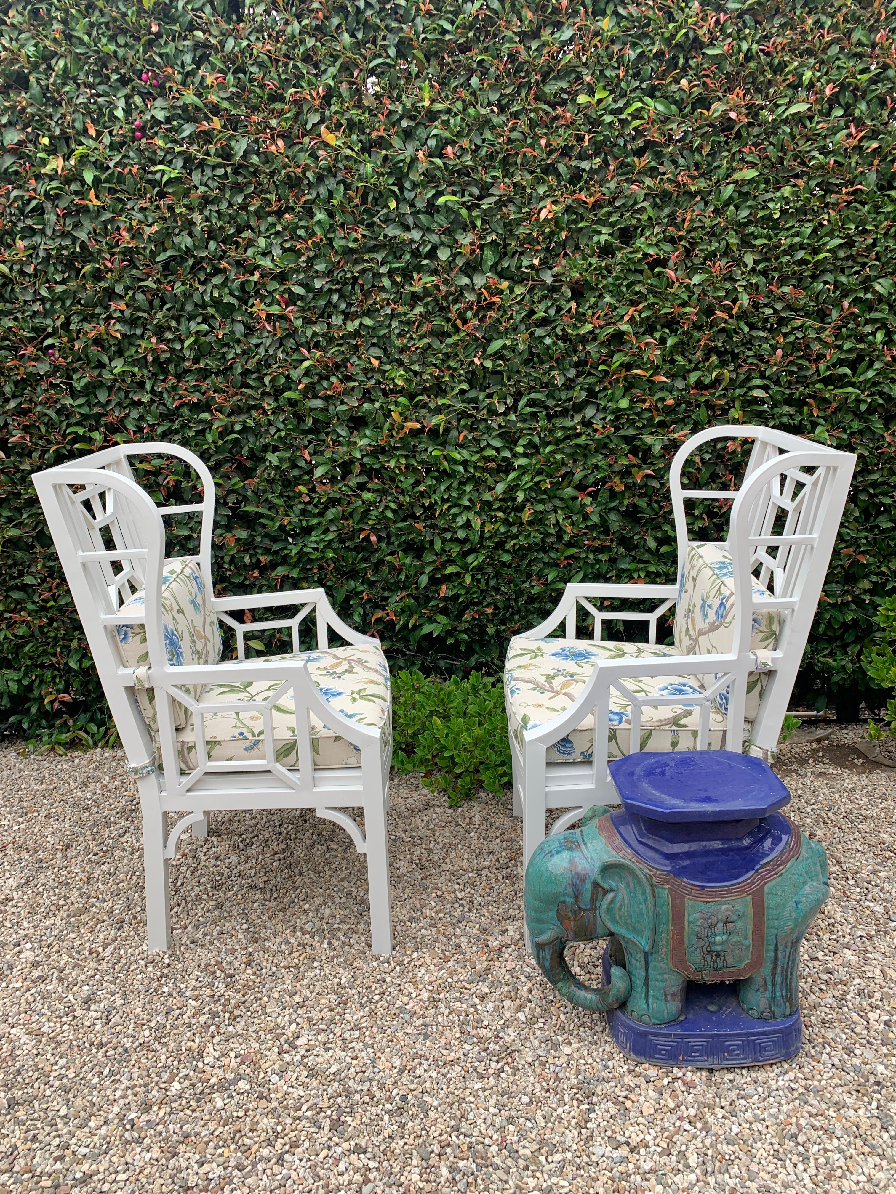 Pair of Chippendale Style Wingback Chairs in Aluminum with Custom Cushions In Good Condition In Los Angeles, CA