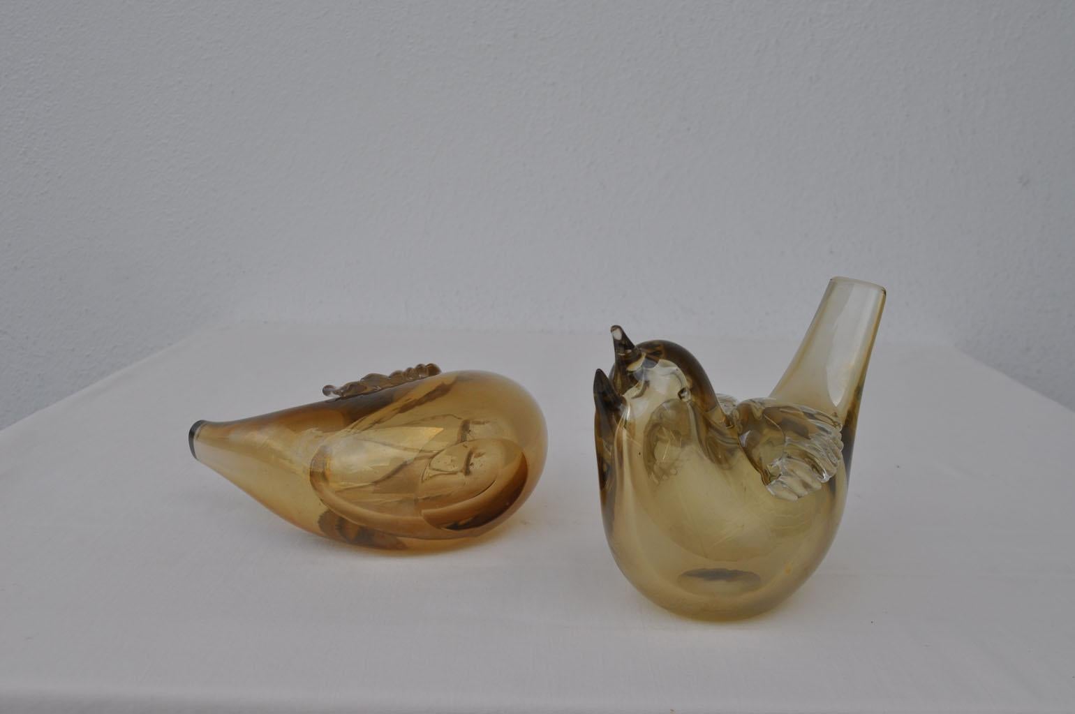 Pair of Chirping Birds, Hand Blown Iridescent Gold Crystal Glass by Paolo Venini 2