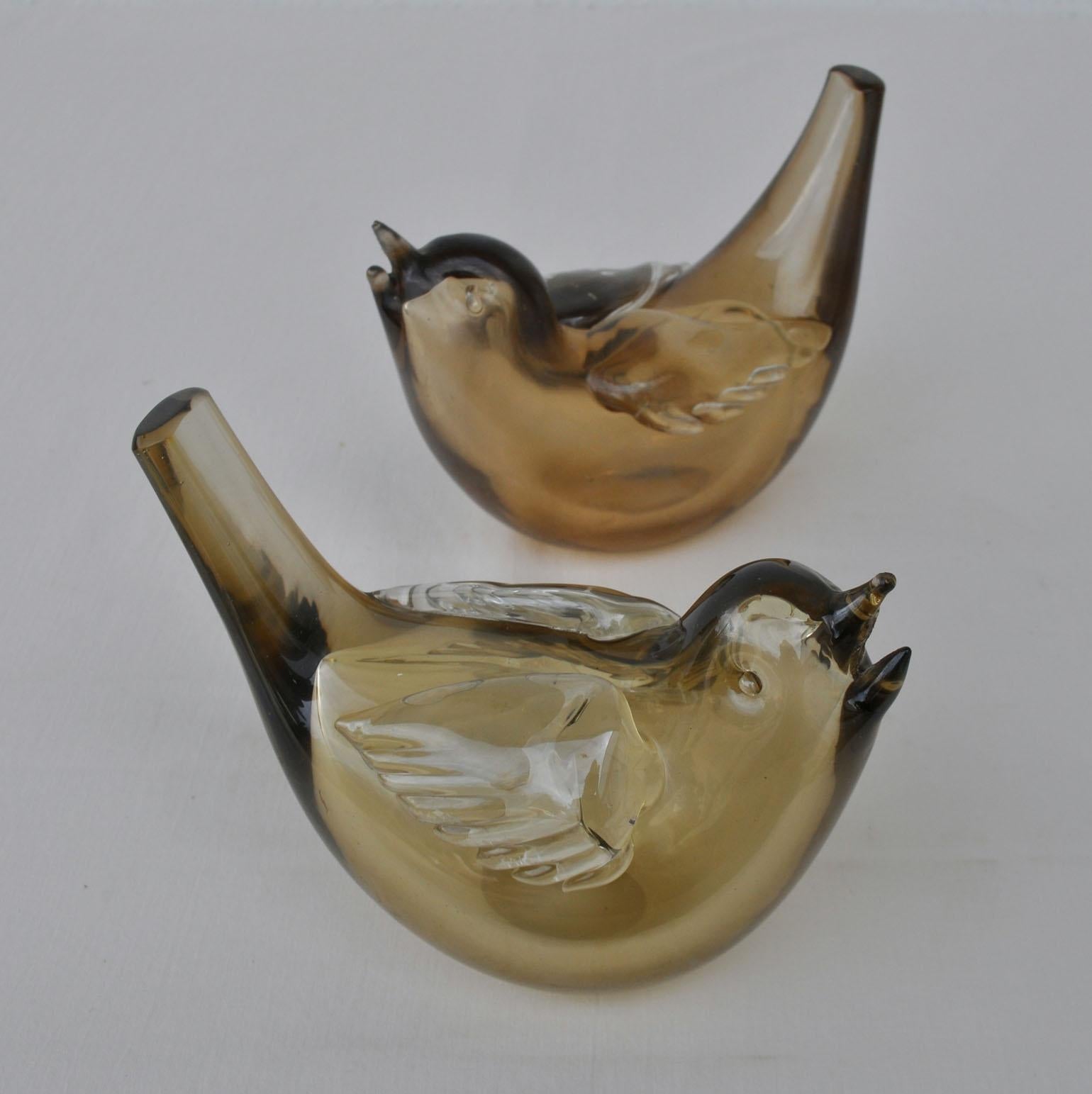 Mid-Century Modern Pair of Chirping Birds, Hand Blown Iridescent Gold Crystal Glass by Paolo Venini