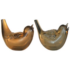 Pair of Chirping Birds, Hand Blown Iridescent Gold Crystal Glass by Paolo Venini