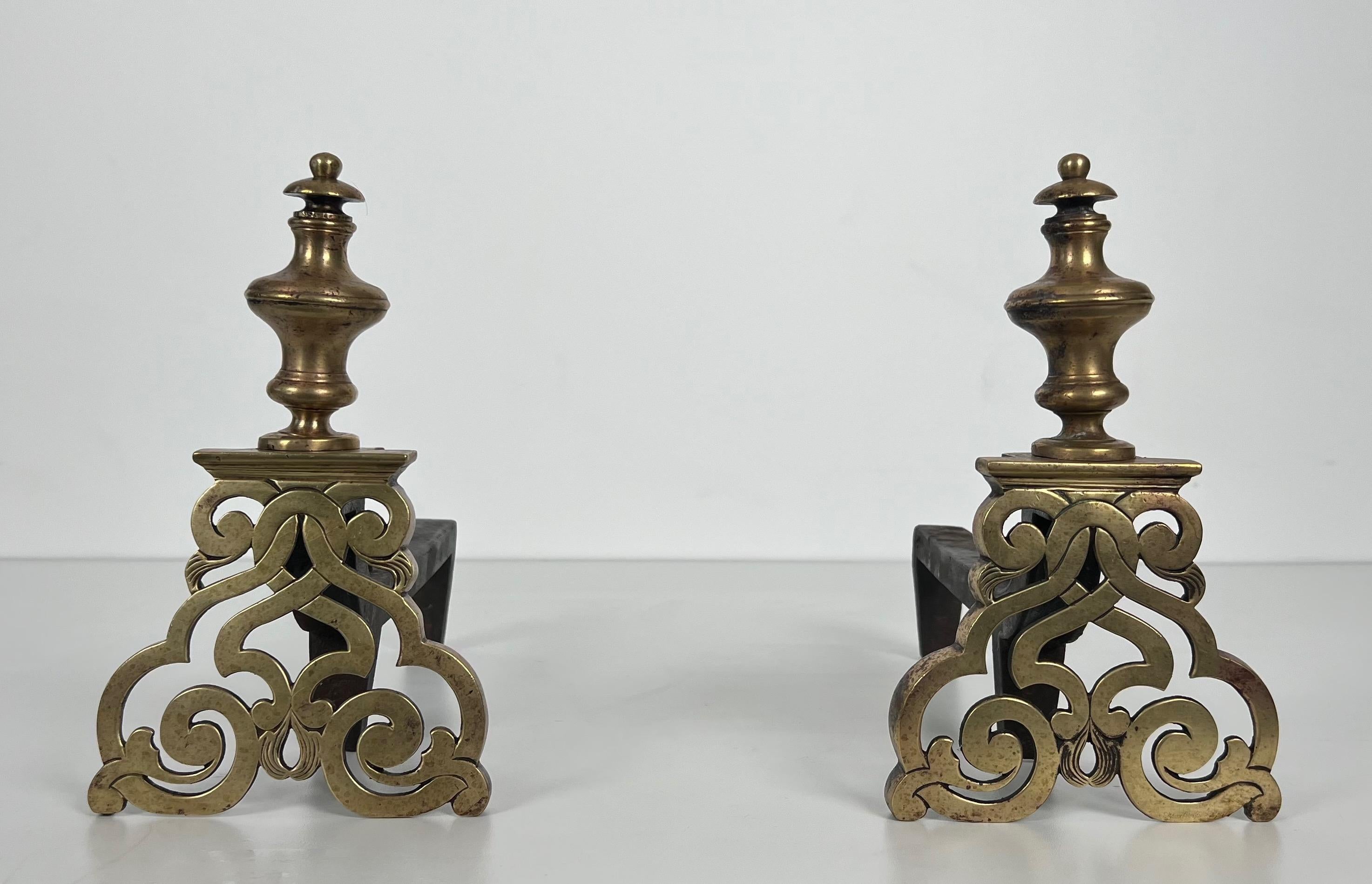 French Pair of Chiseled Bronze Andirons in the Style of Louis the 15th For Sale
