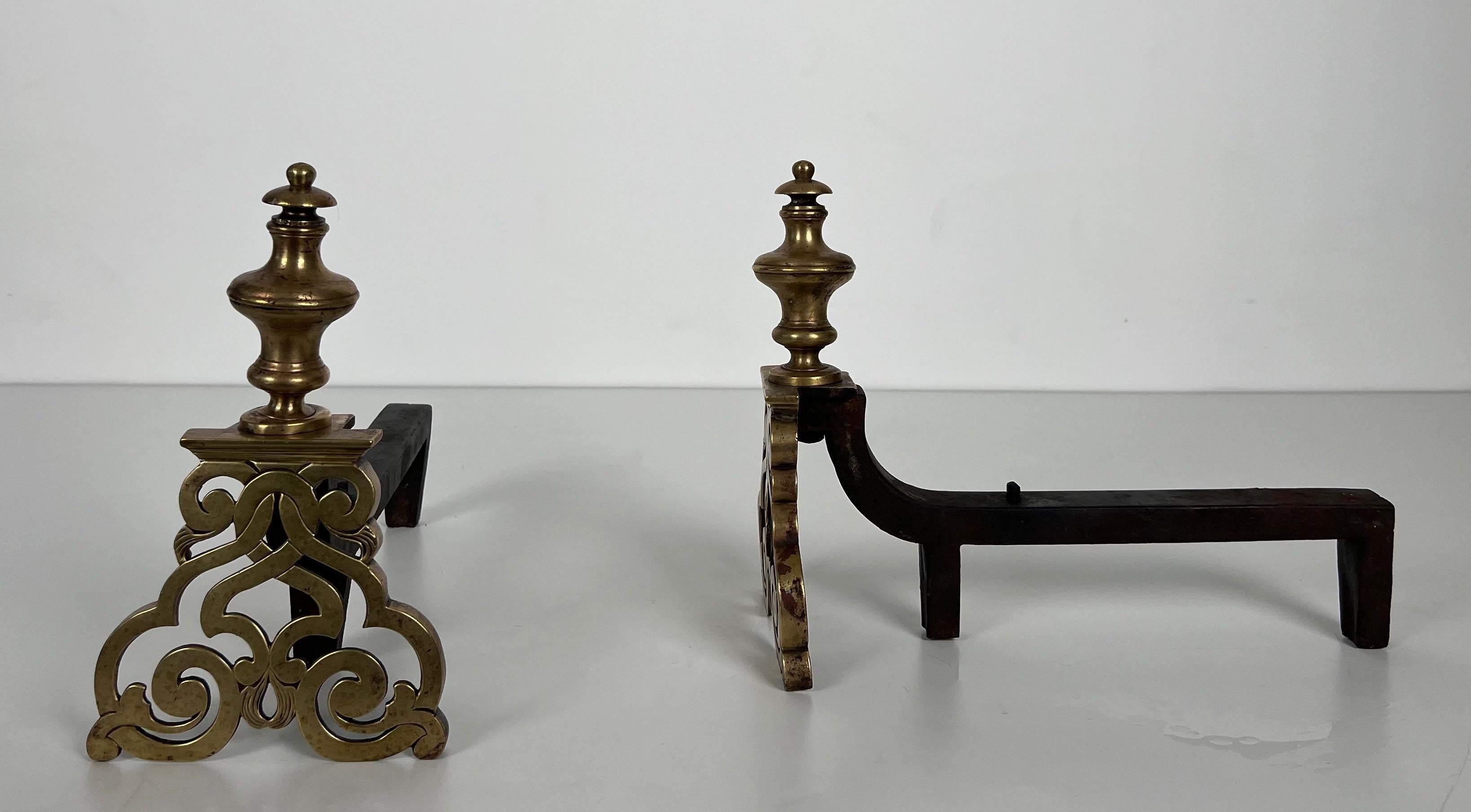 Early 19th Century Pair of Chiseled Bronze Andirons in the Style of Louis the 15th For Sale