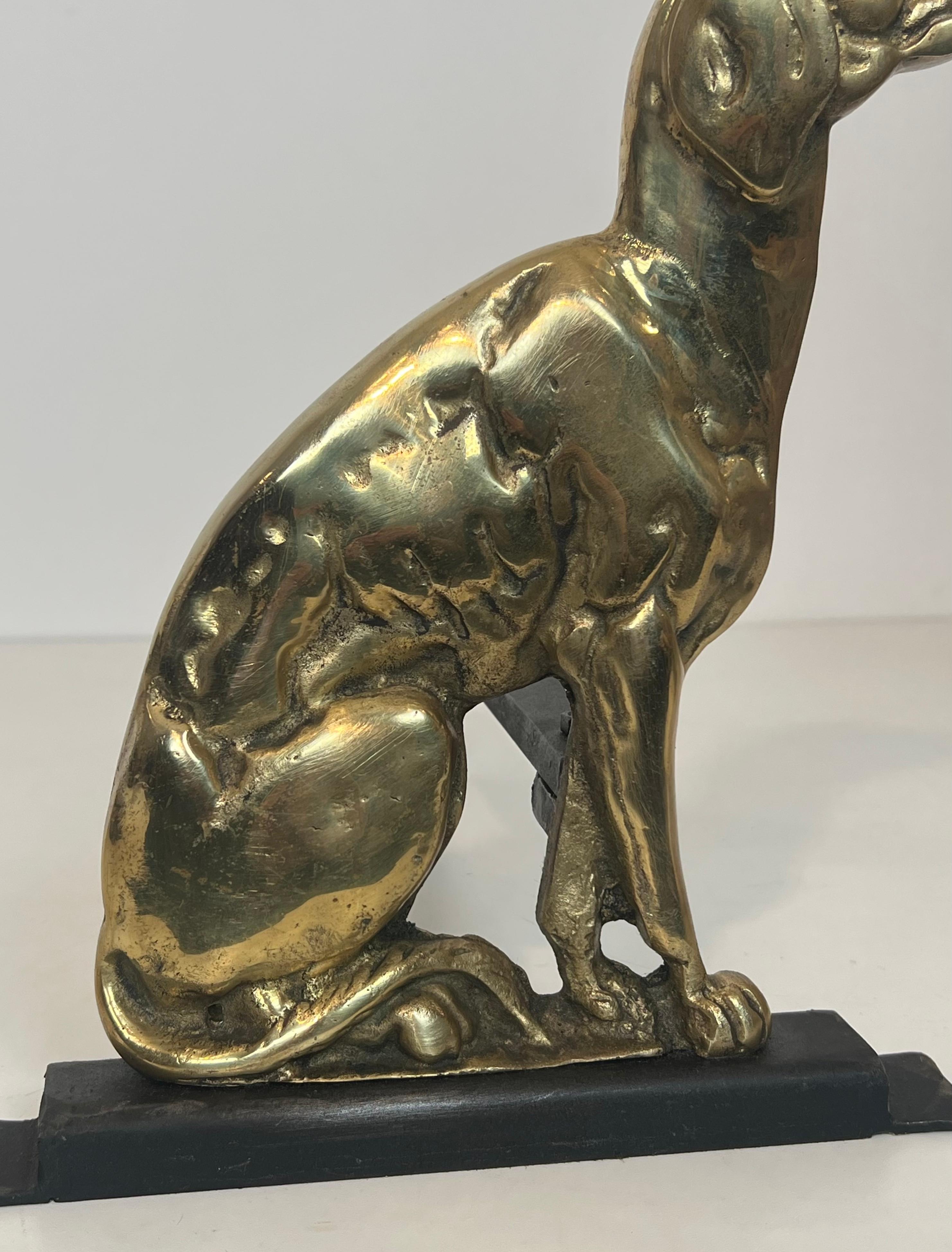 Pair of Chiseled Bronze Andirons Representing Dogs For Sale 4