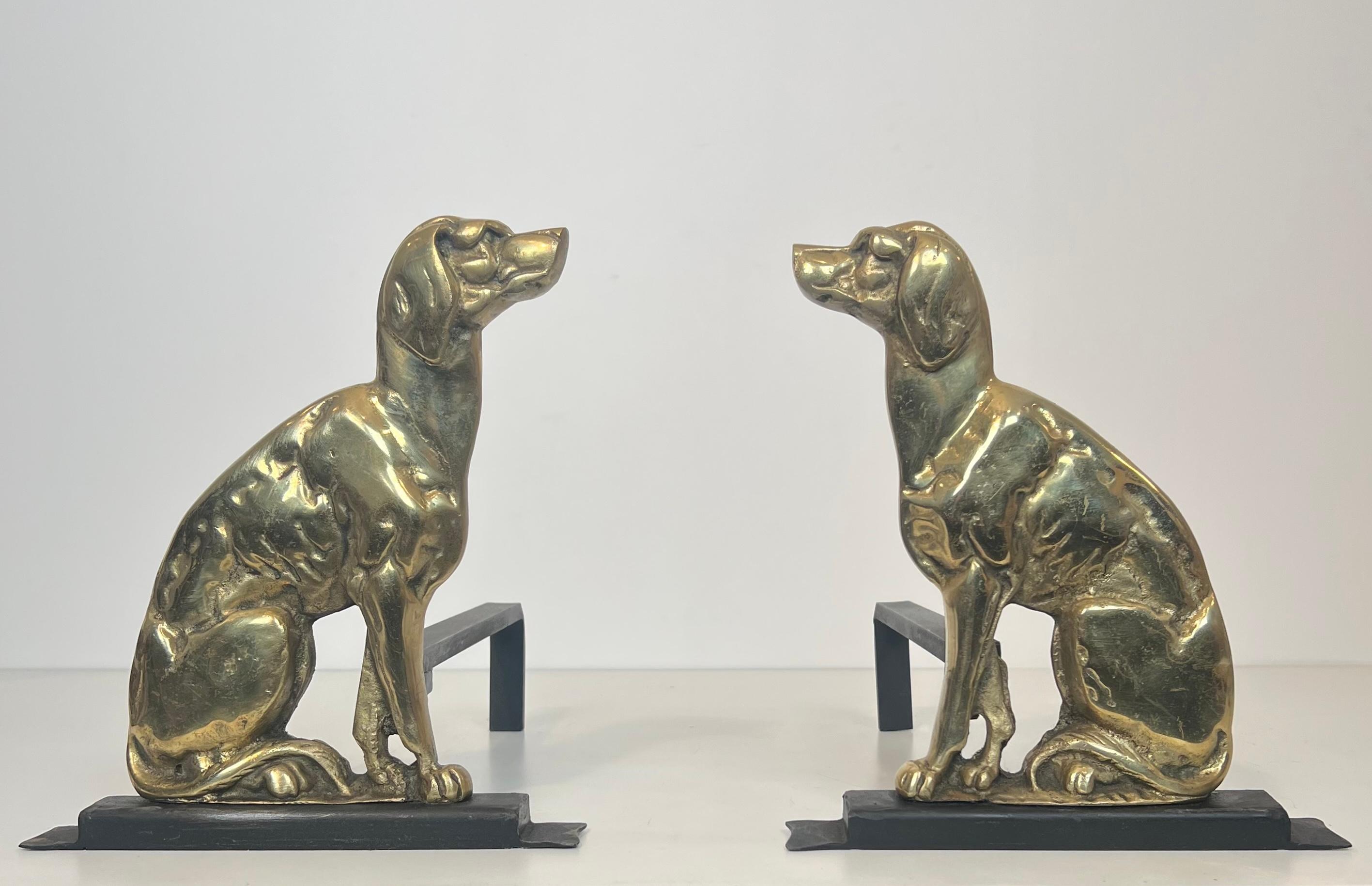 Pair of Chiseled Bronze Andirons Representing Dogs For Sale 5