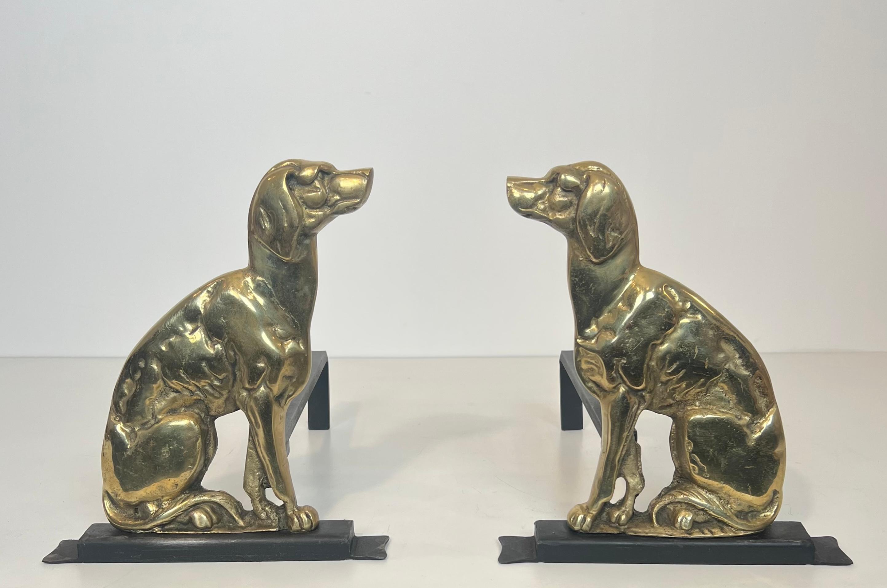 Pair of Chiseled Bronze Andirons Representing Dogs For Sale 6