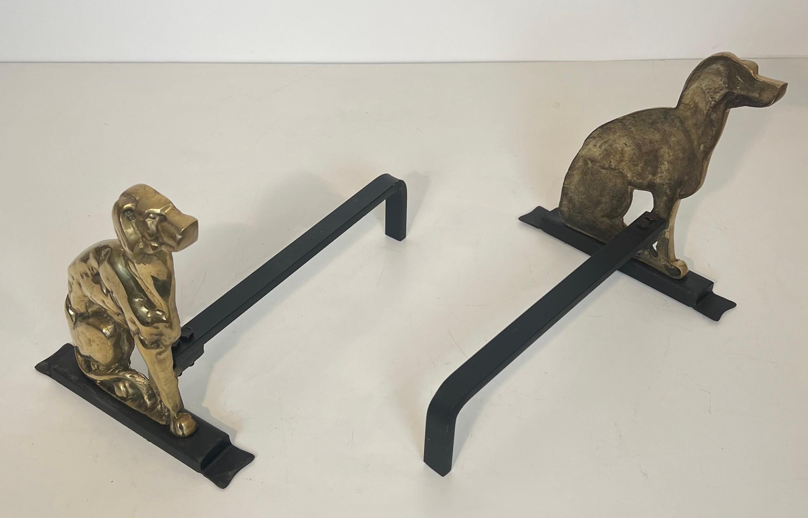 Pair of Chiseled Bronze Andirons Representing Dogs For Sale 13