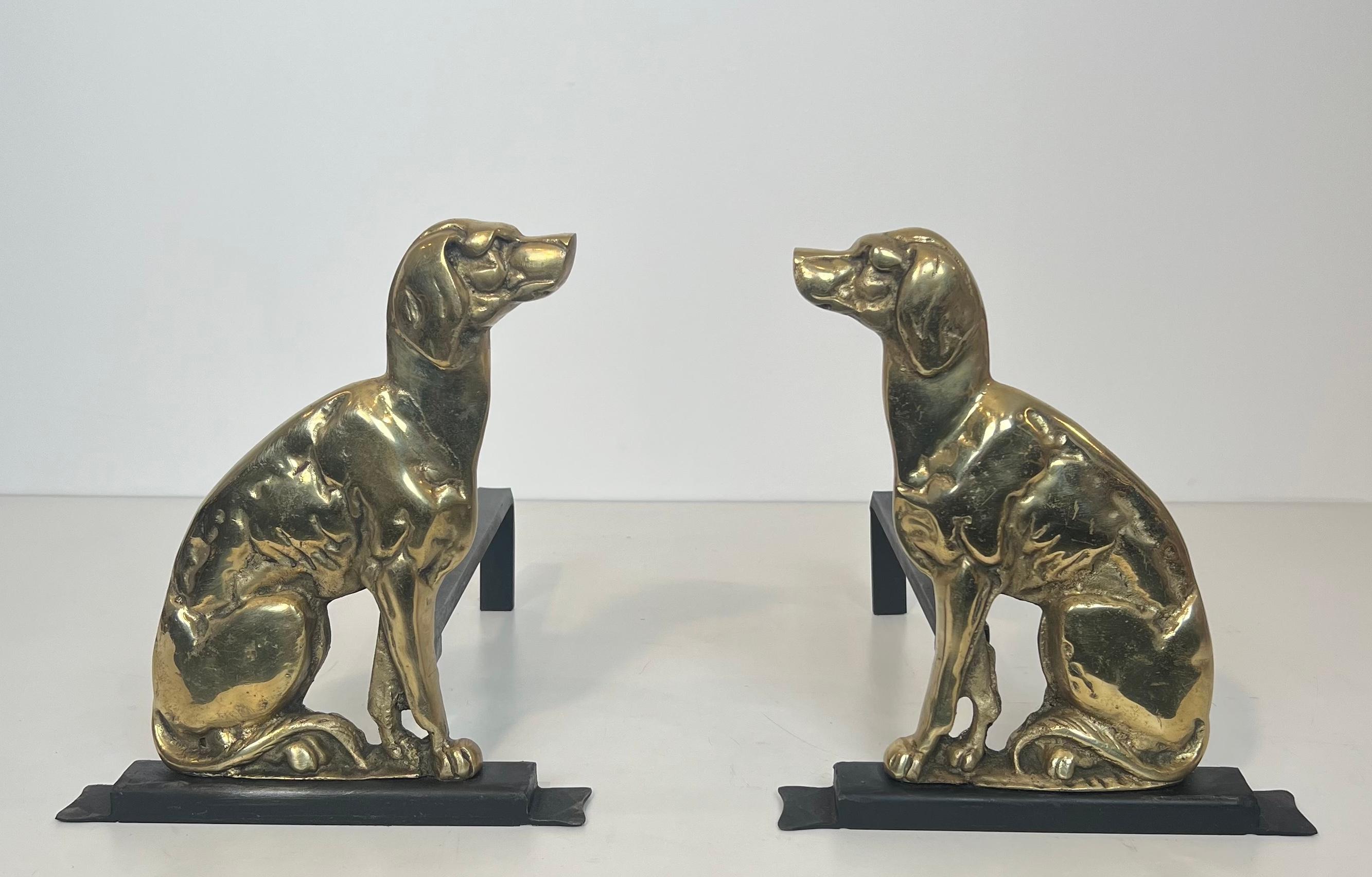 Pair of Chiseled Bronze Andirons Representing Dogs For Sale 14