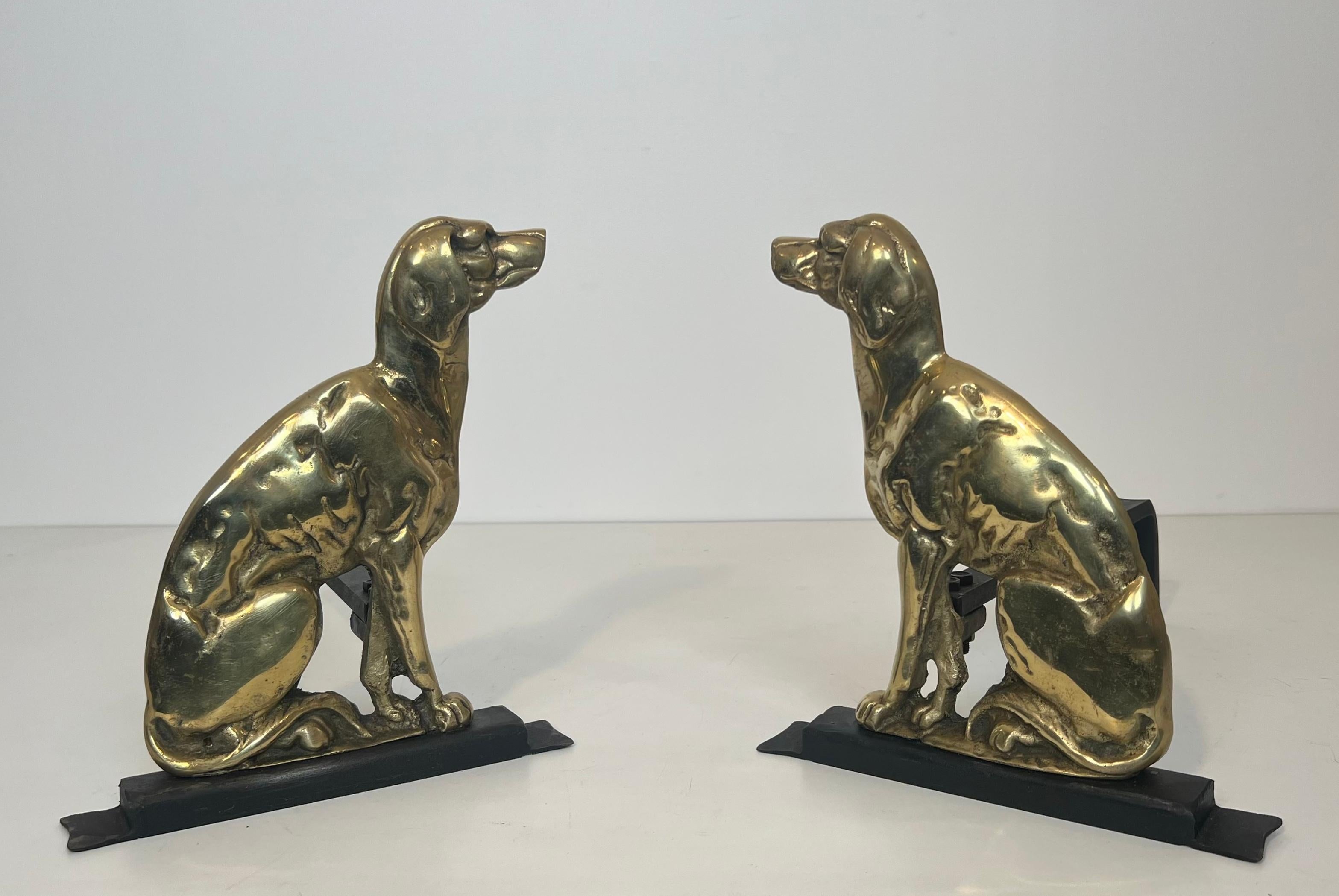 Art Deco Pair of Chiseled Bronze Andirons Representing Dogs For Sale