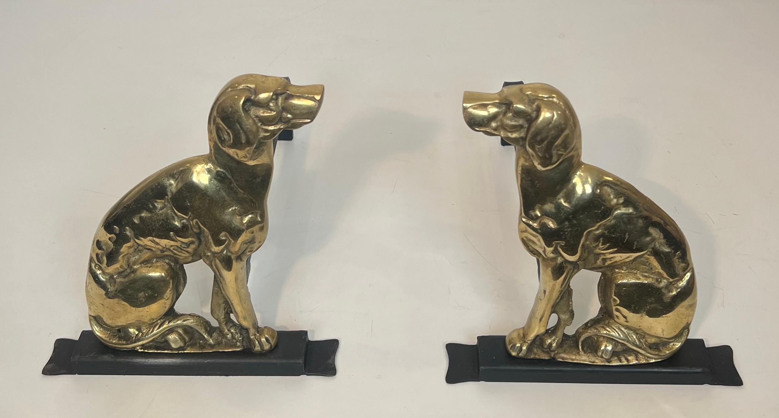 French Pair of Chiseled Bronze Andirons Representing Dogs For Sale