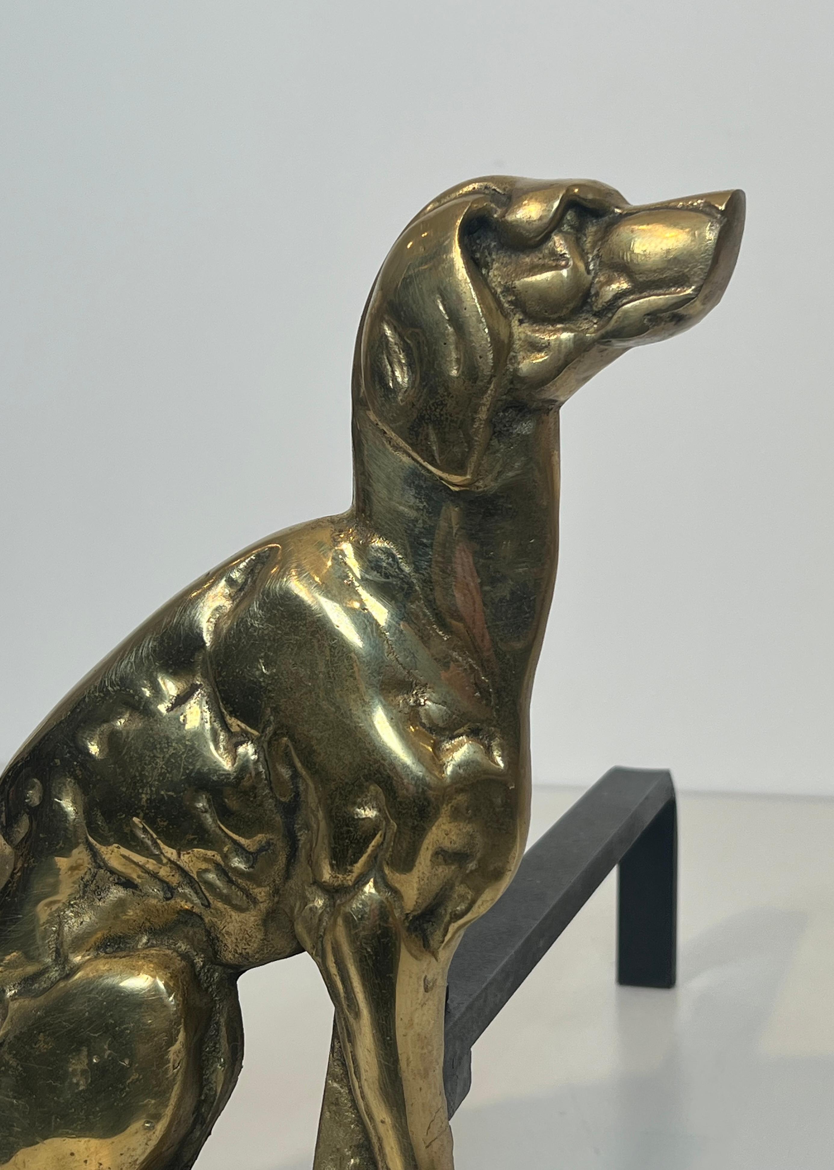 Pair of Chiseled Bronze Andirons Representing Dogs For Sale 1