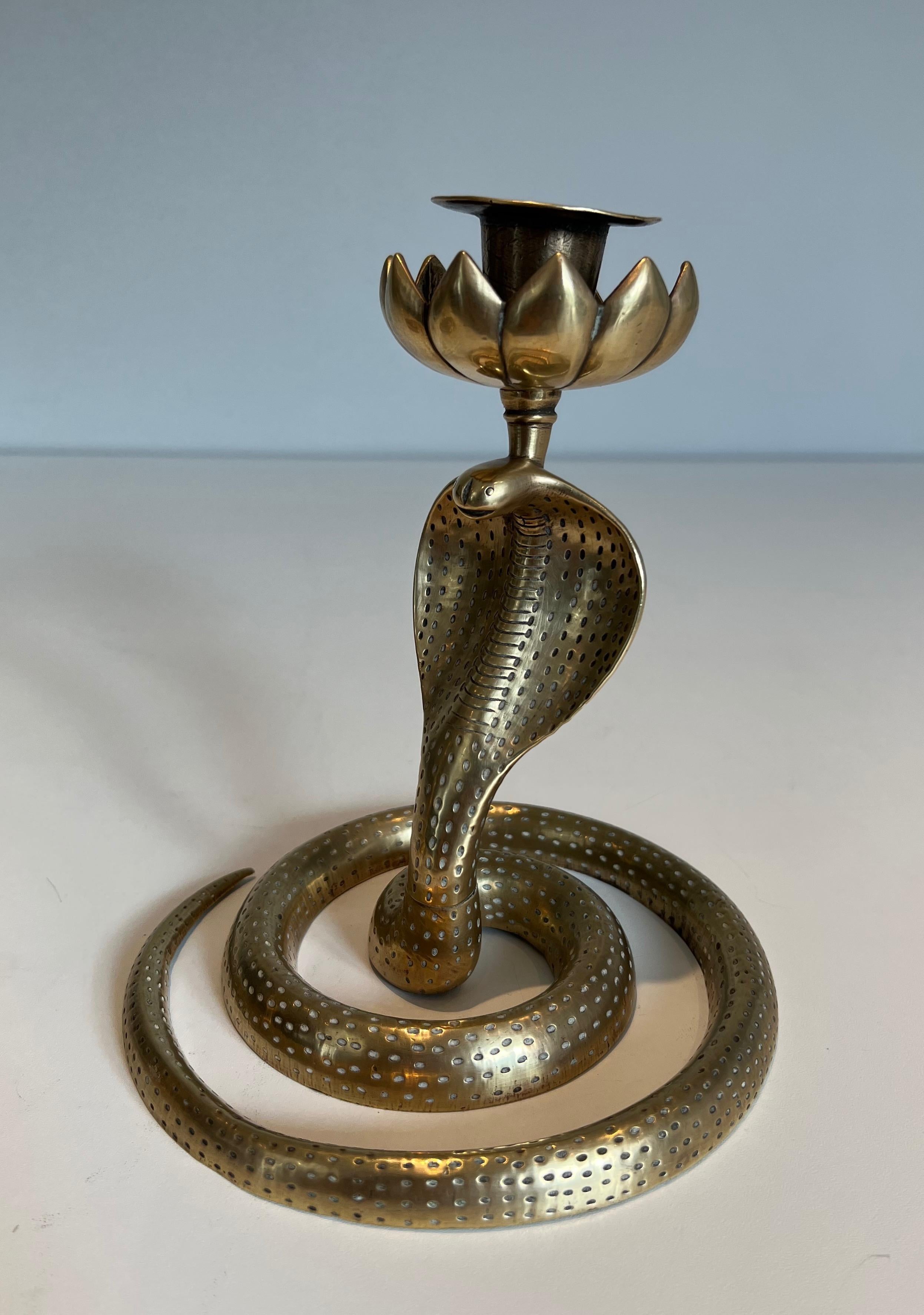 Pair of Chiseled Bronze Cobra Candlesticks For Sale 4