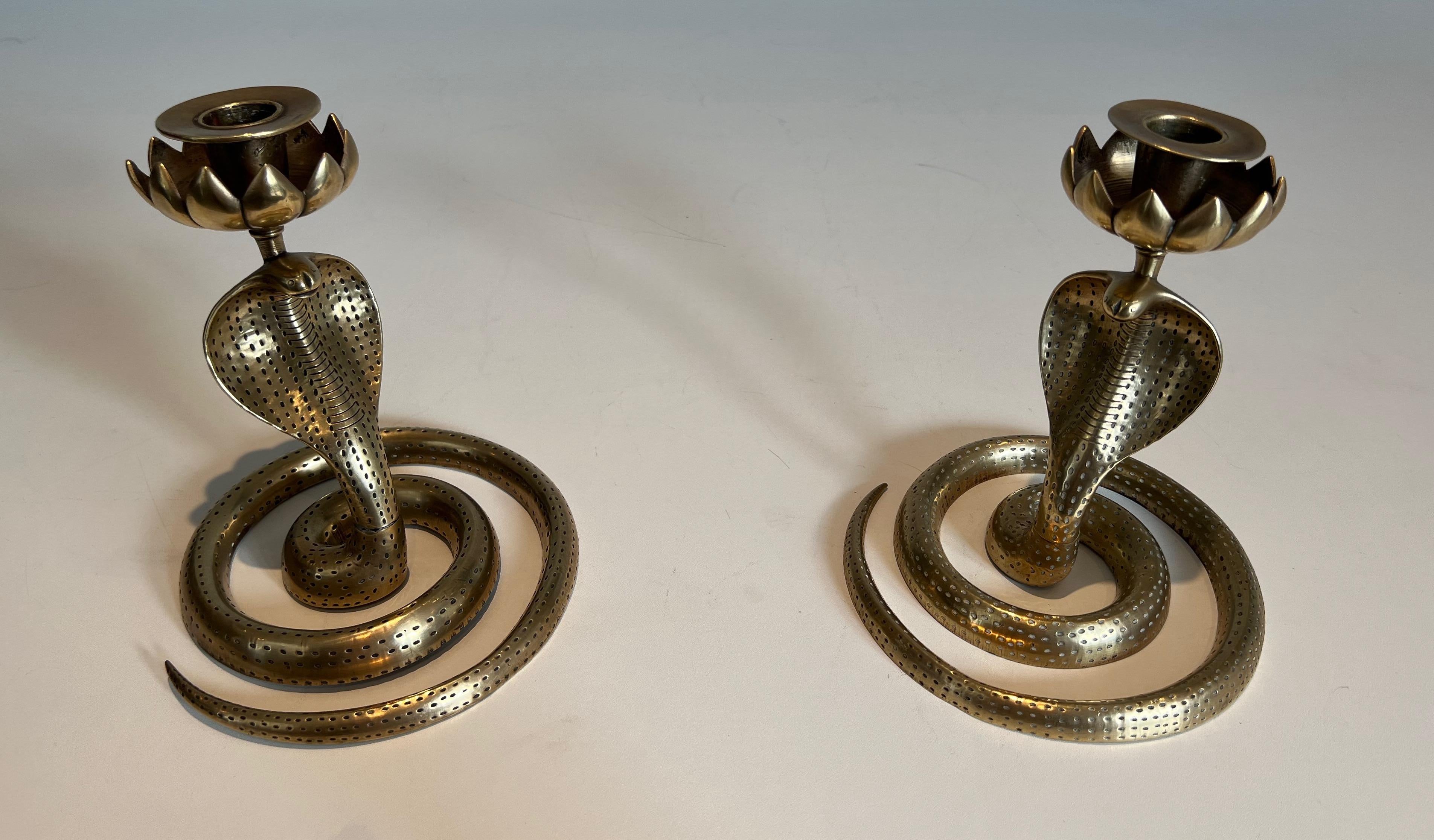 Pair of Chiseled Bronze Cobra Candlesticks For Sale 5