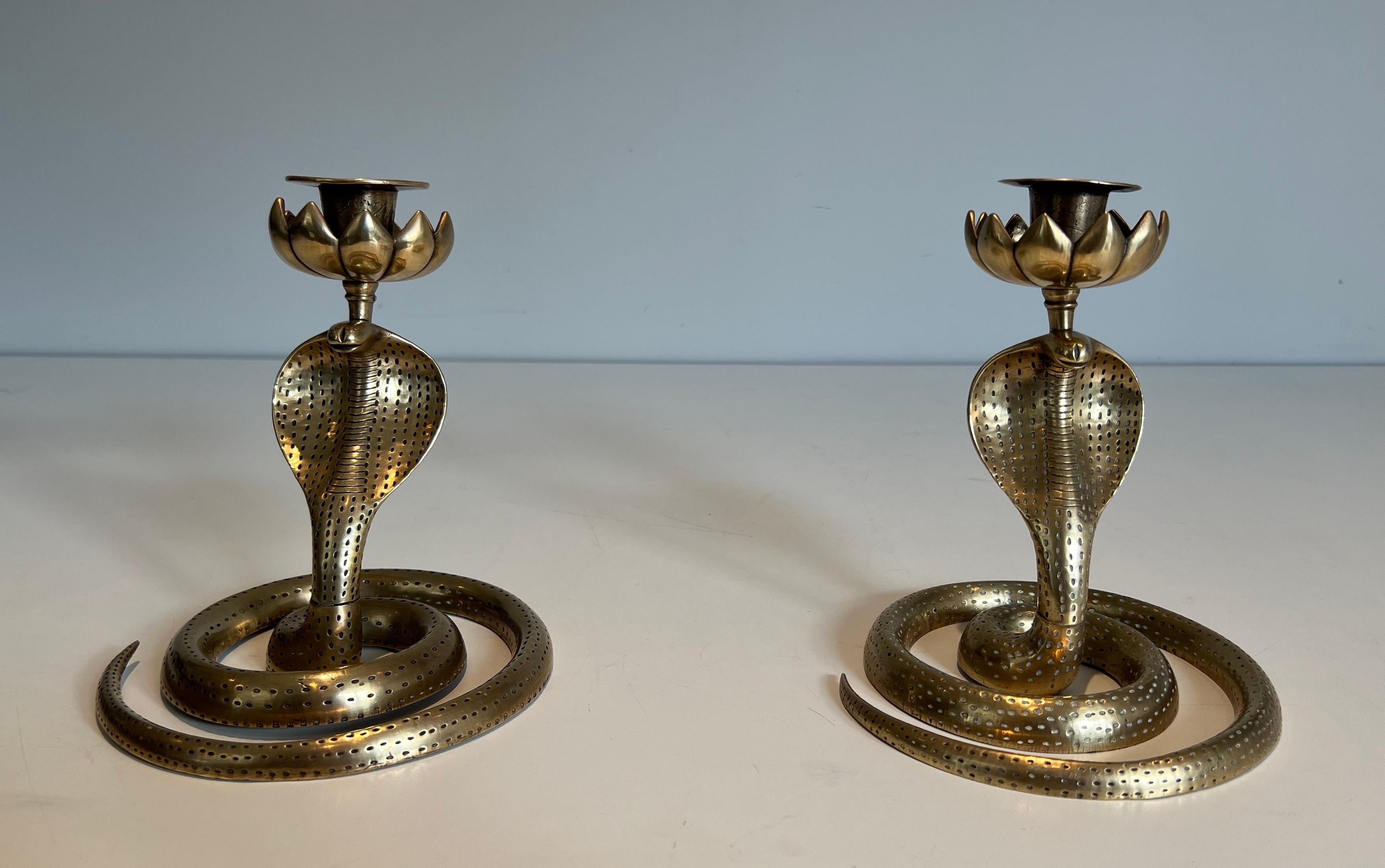 Pair of Chiseled Bronze Cobra Candlesticks For Sale 6