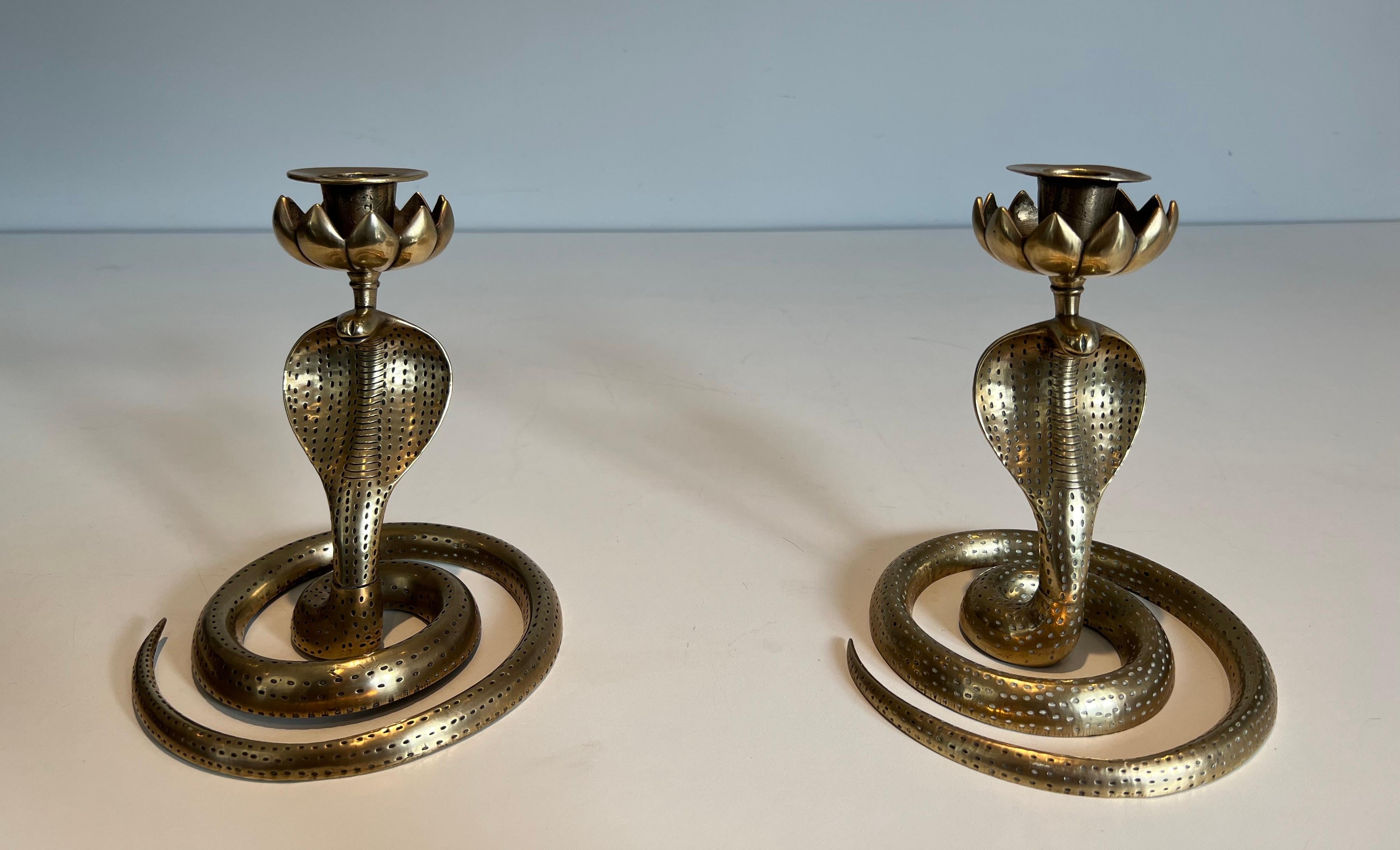 Pair of Chiseled Bronze Cobra Candlesticks For Sale 7