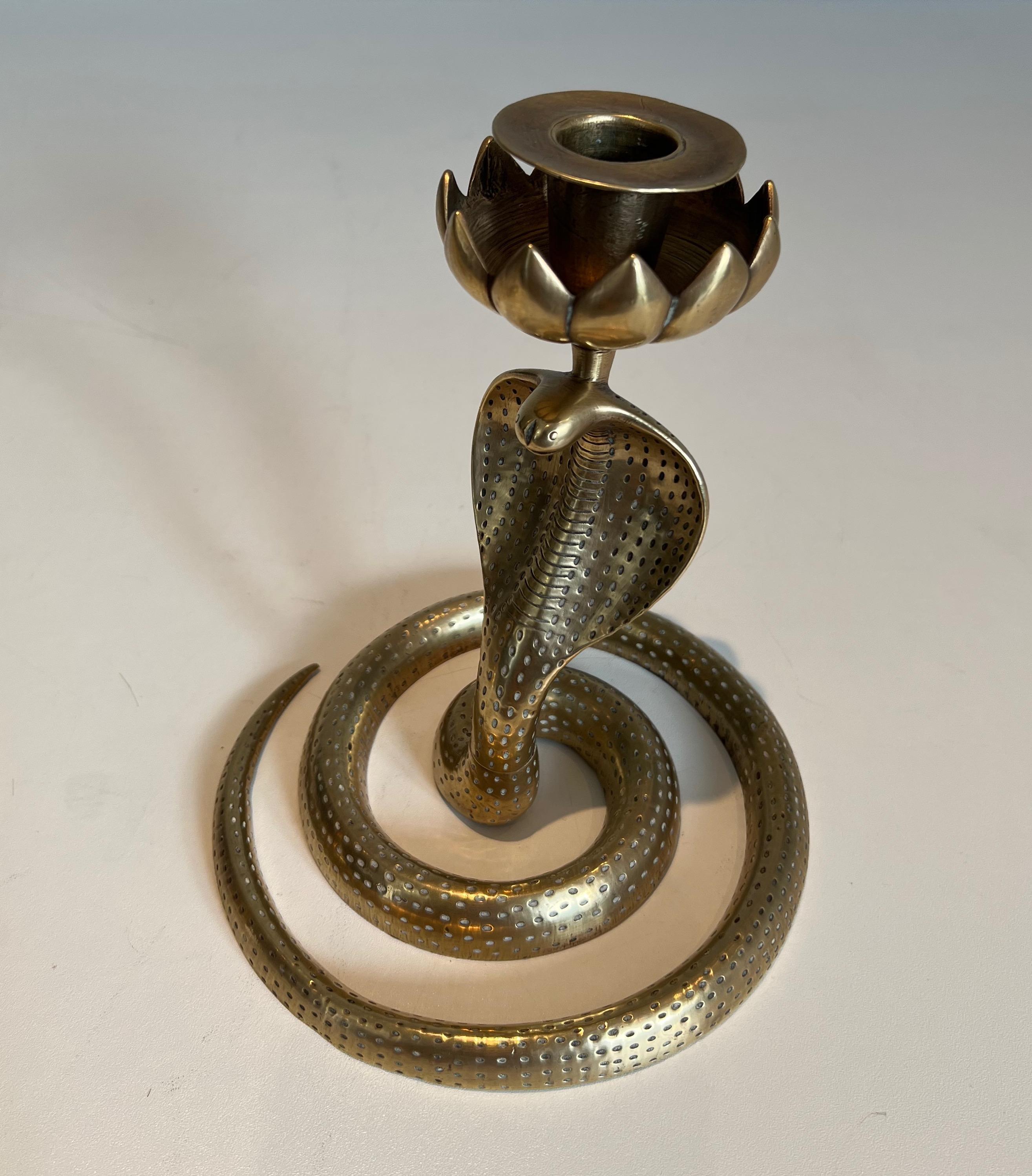 Pair of Chiseled Bronze Cobra Candlesticks For Sale 8