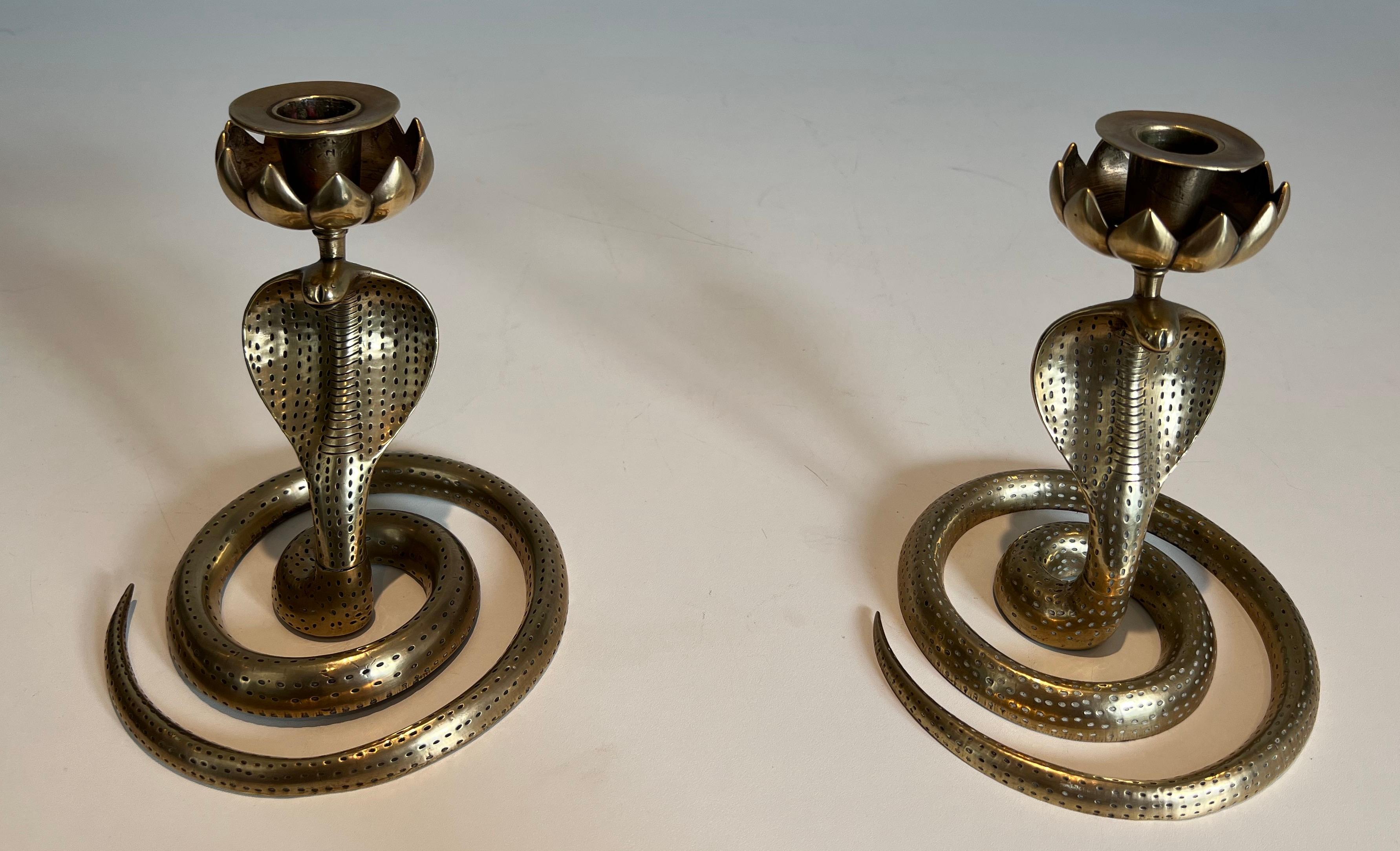 Pair of Chiseled Bronze Cobra Candlesticks For Sale 12