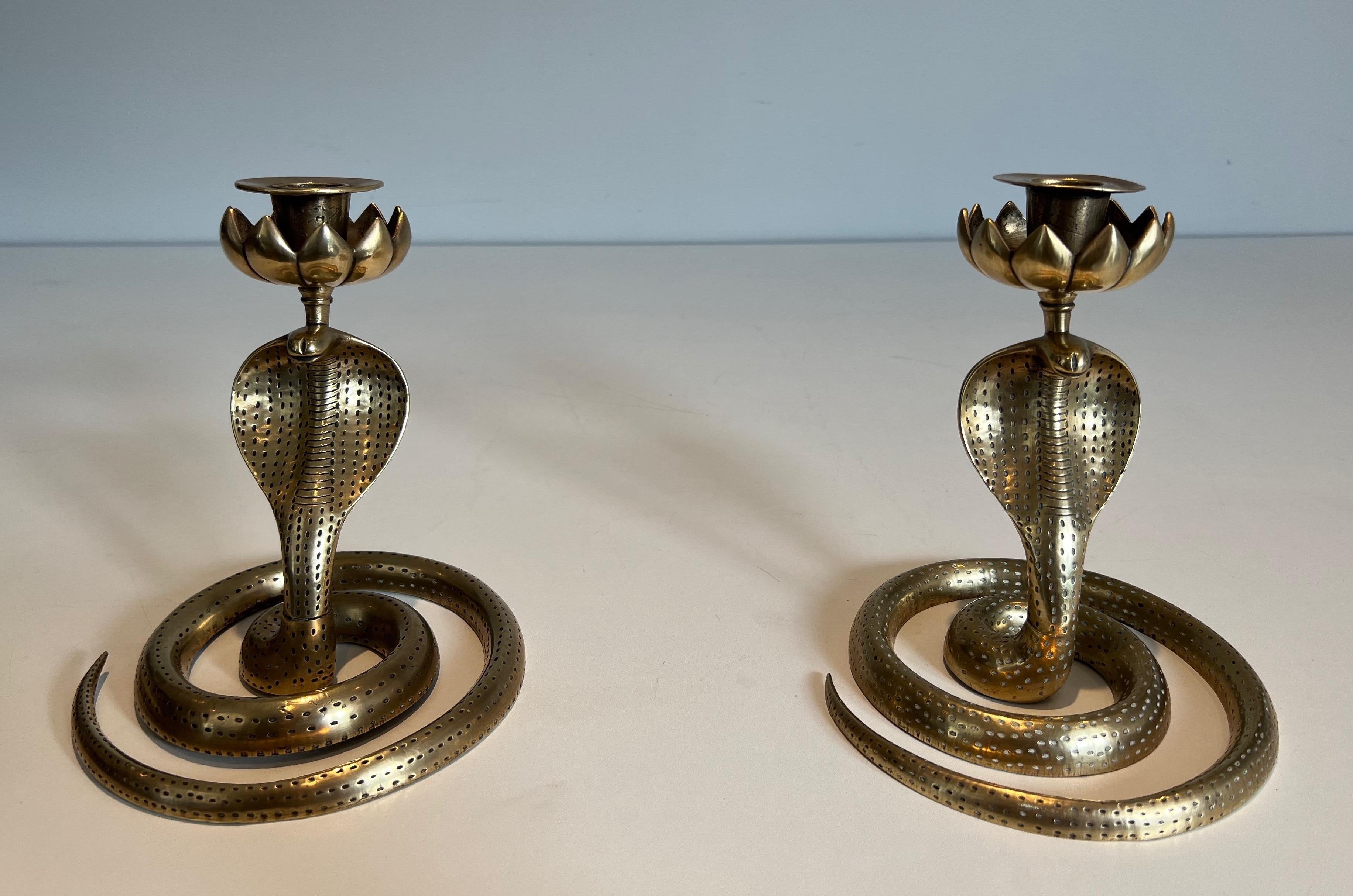 Pair of Chiseled Bronze Cobra Candlesticks For Sale 13