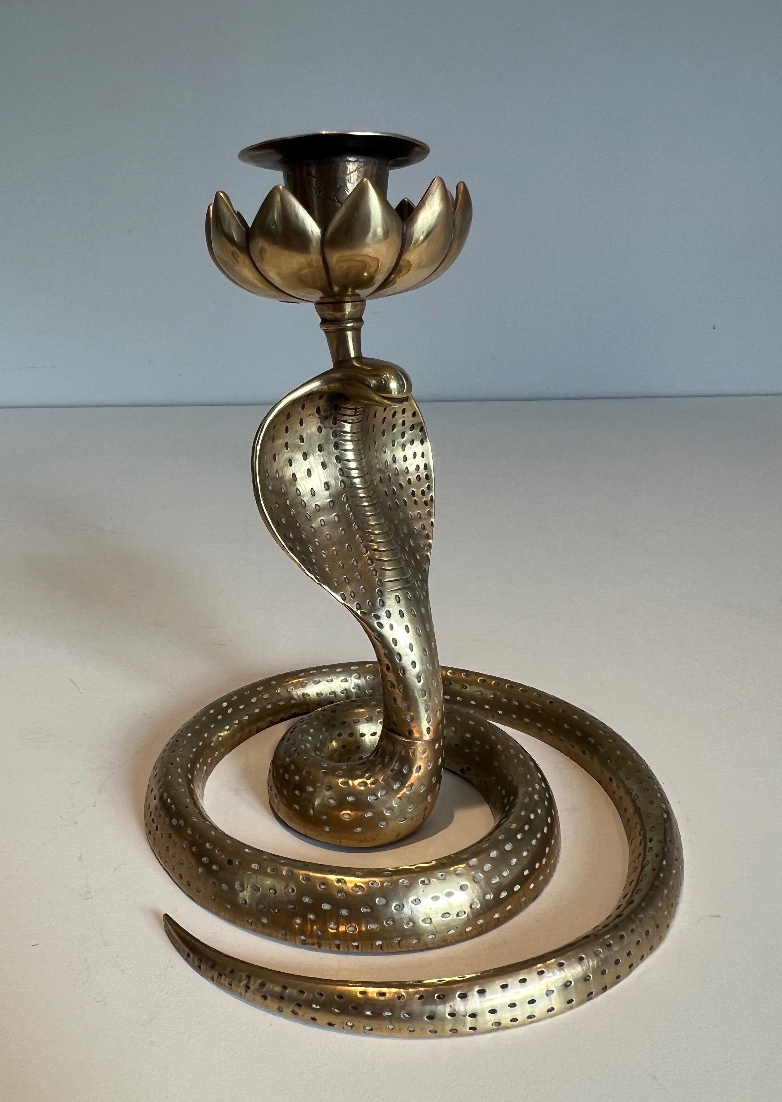 Mid-Century Modern Pair of Chiseled Bronze Cobra Candlesticks For Sale
