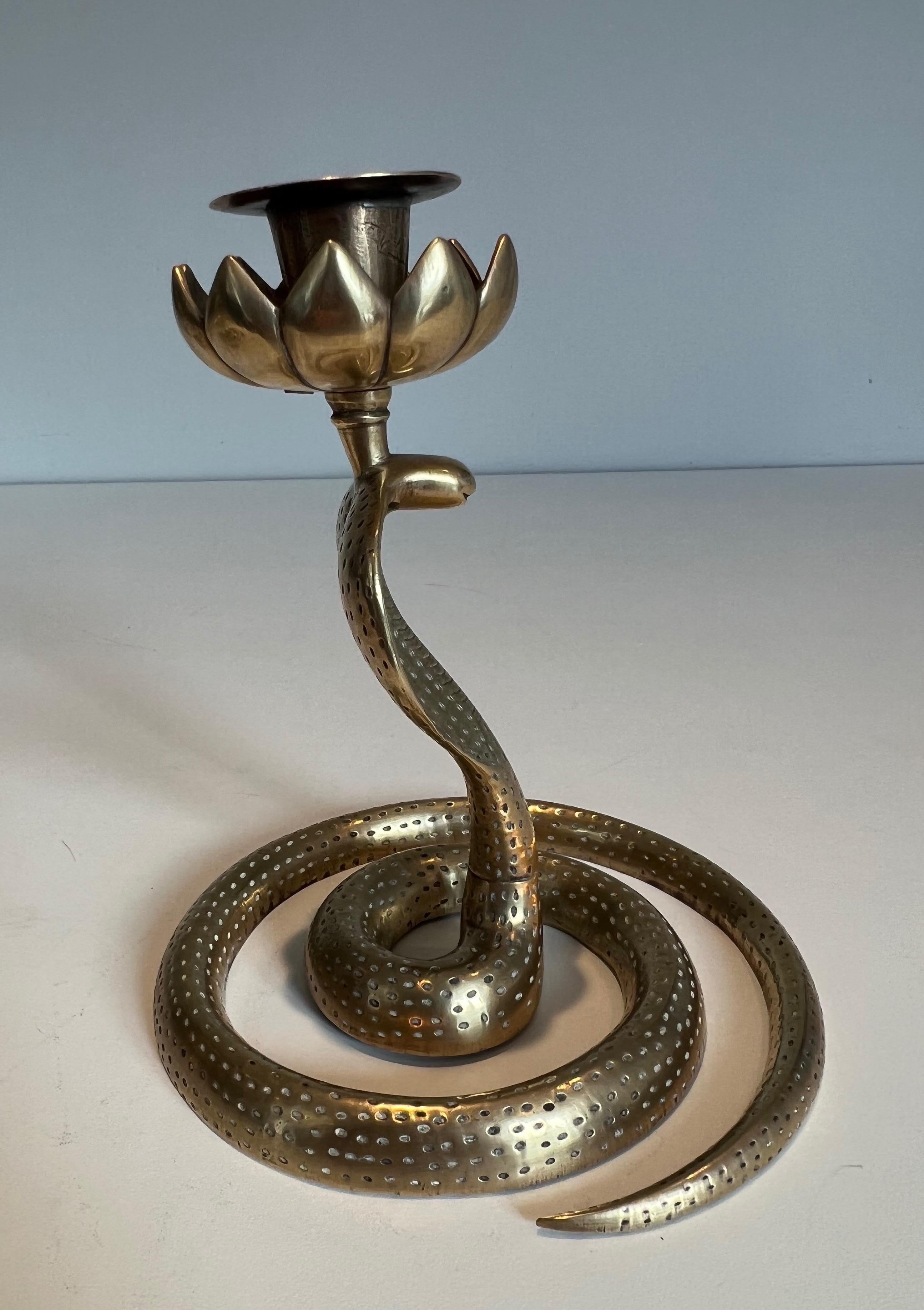 Mid-20th Century Pair of Chiseled Bronze Cobra Candlesticks For Sale