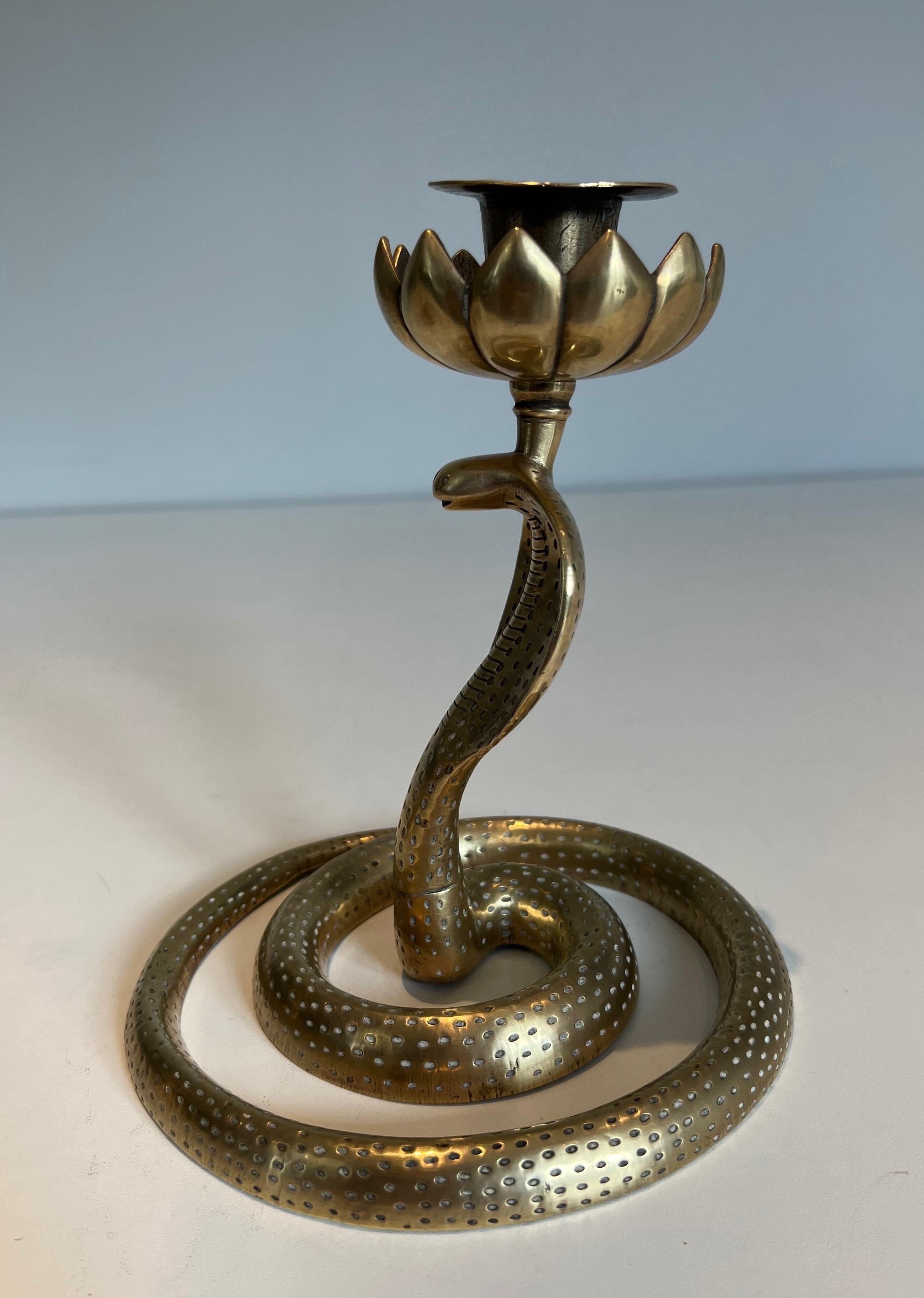 Pair of Chiseled Bronze Cobra Candlesticks For Sale 3