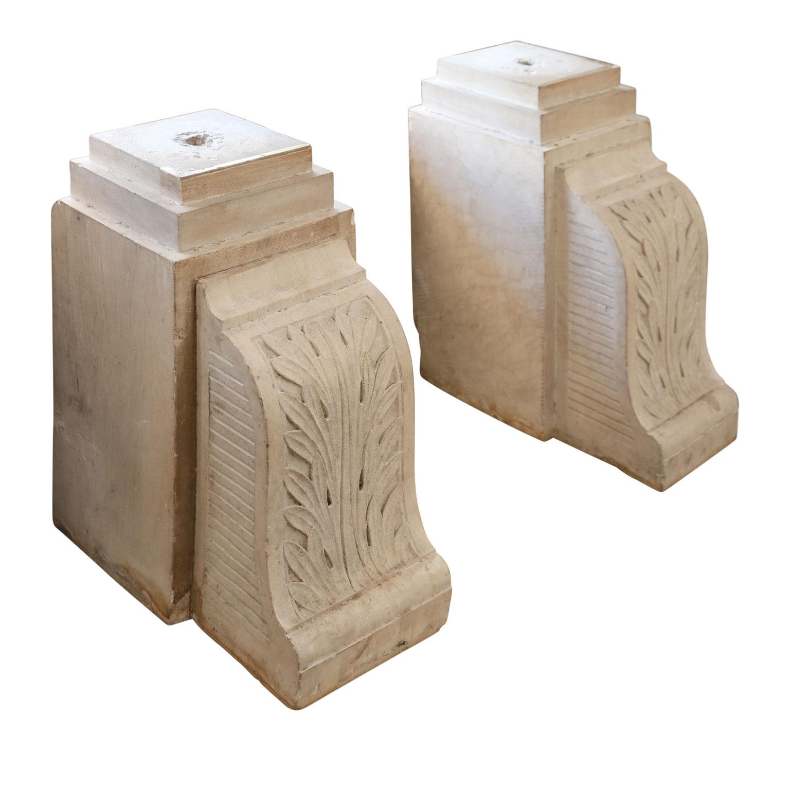 Hand-Carved Pair of Chiseled Light Gray Limestone Corbels For Sale