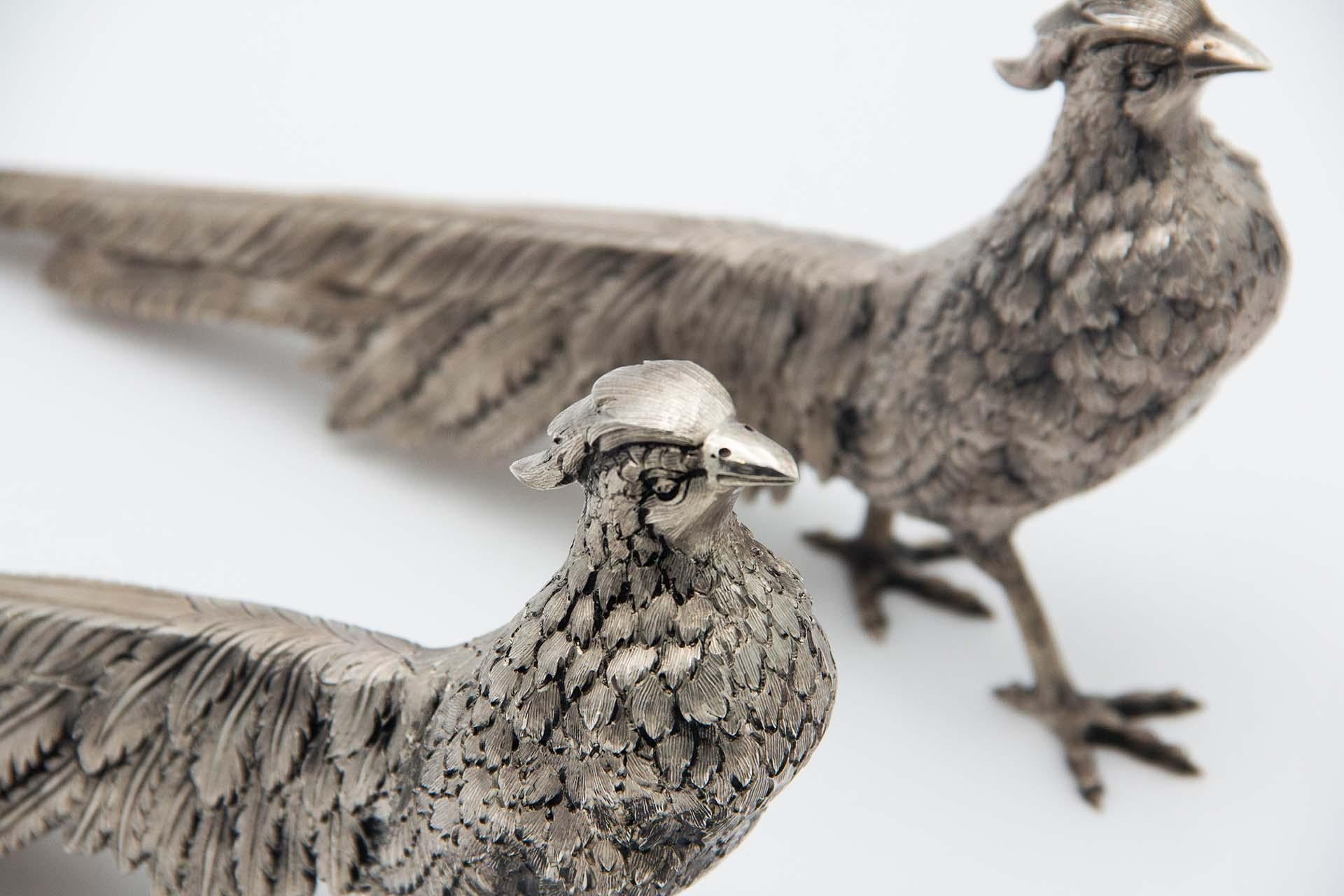 European Pair of chiseled silver pheasants For Sale
