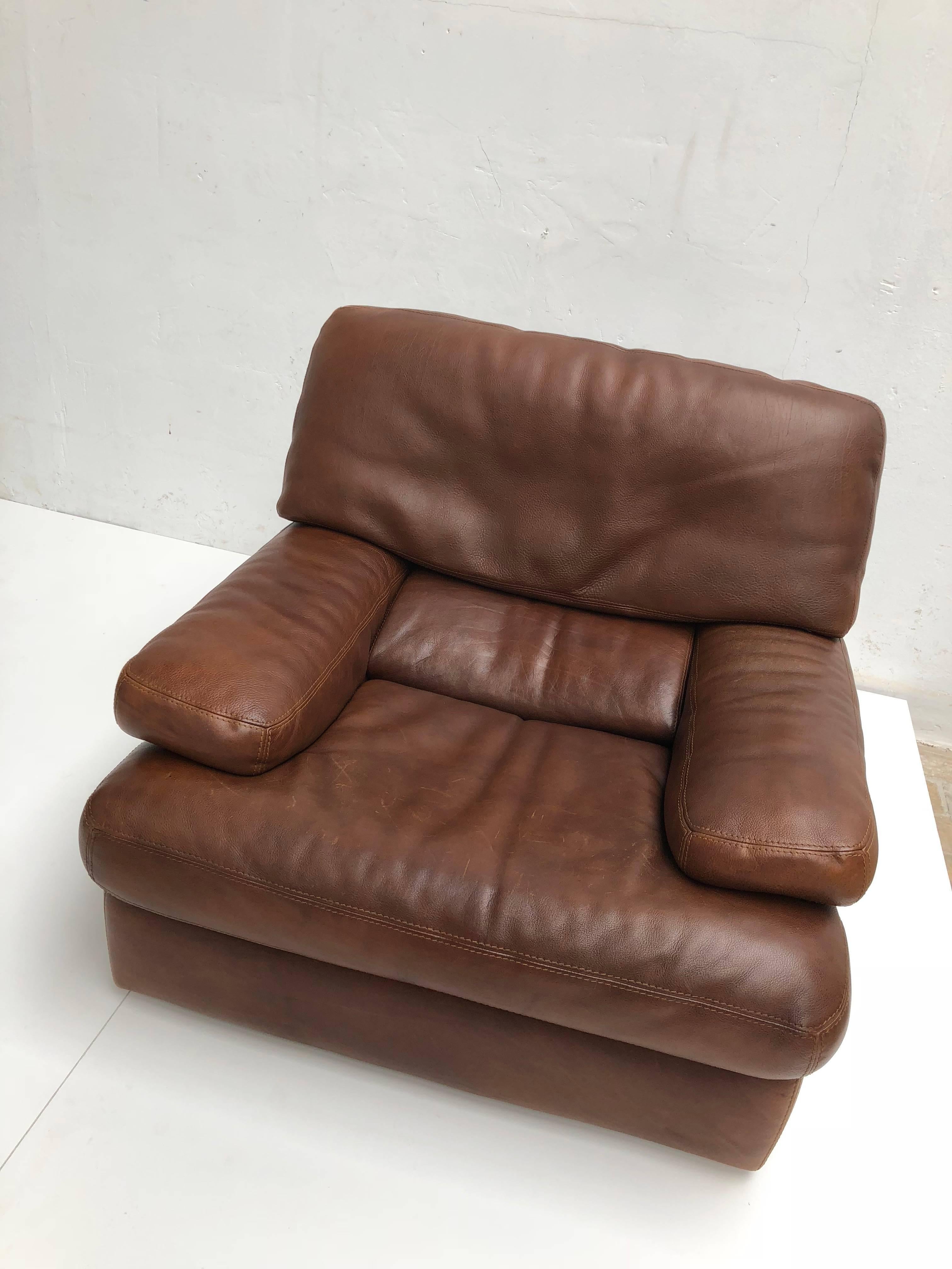 Pair of Chocolate Brown Vintage Leather Roche Bobois Lounge Chairs, 1970s 7